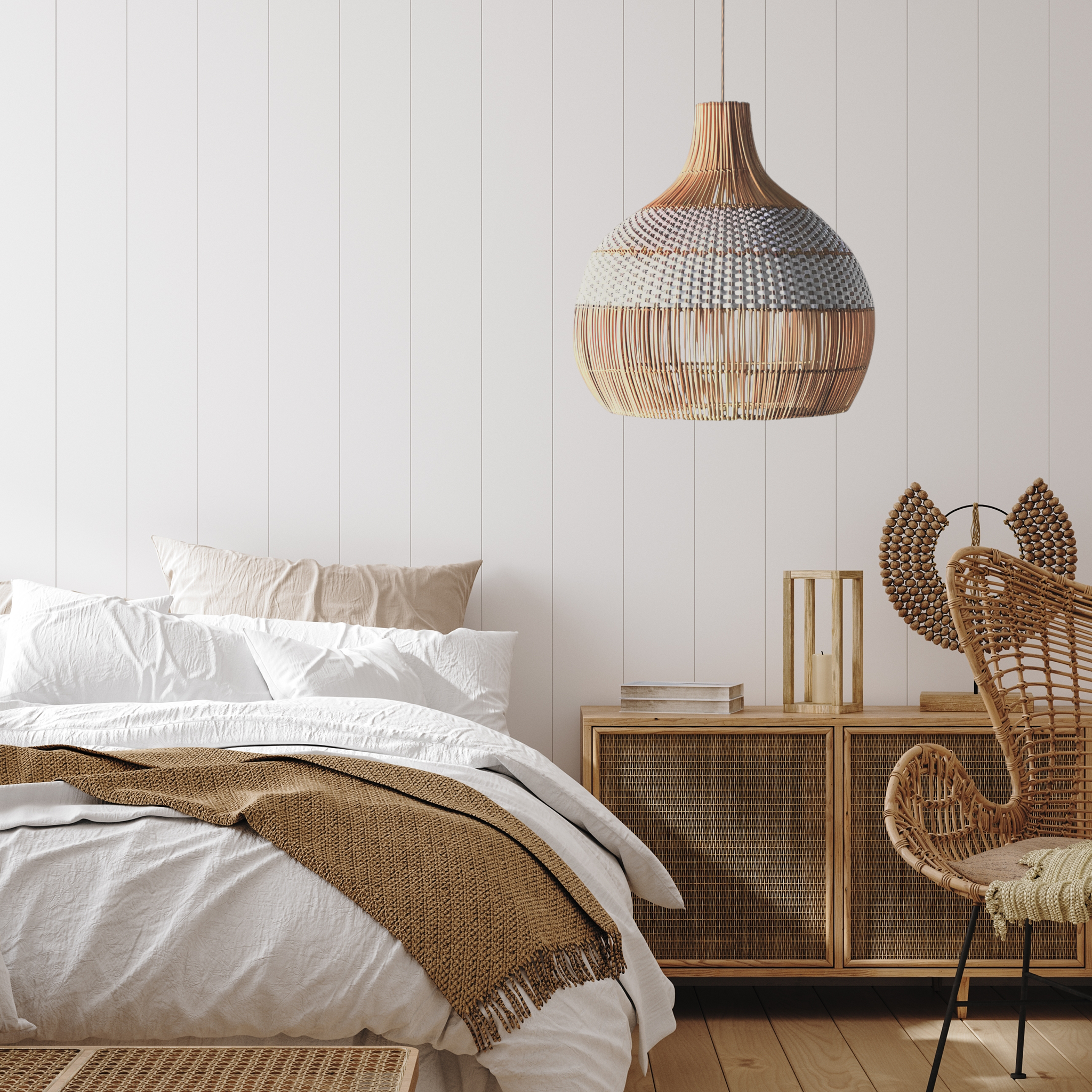 Catalina 60cm Rattan Pendant Light - Natural & White Weave