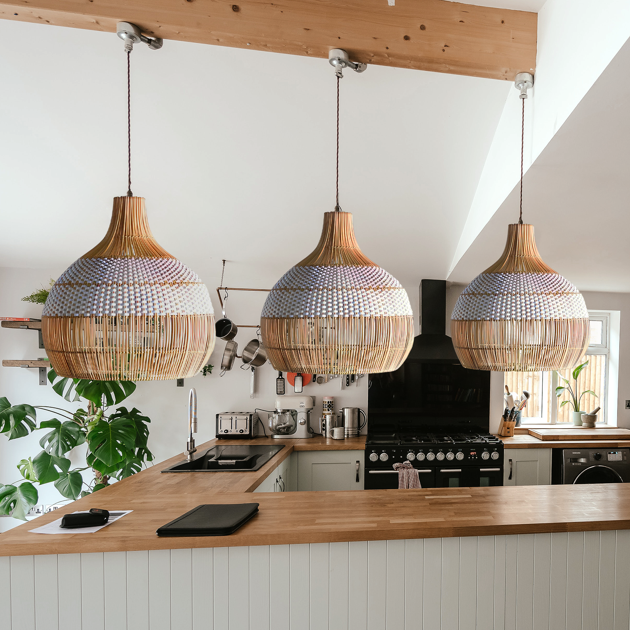 Catalina 60cm Rattan Pendant Light - Natural & White Weave