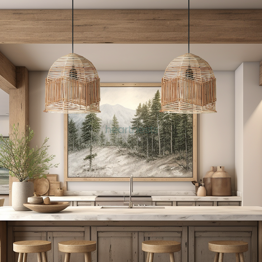 Avis Rattan Pendant Light. Boho Decor. Wicker Pendant Light Over Kitchen Island. Living Room, Bedroom Decor