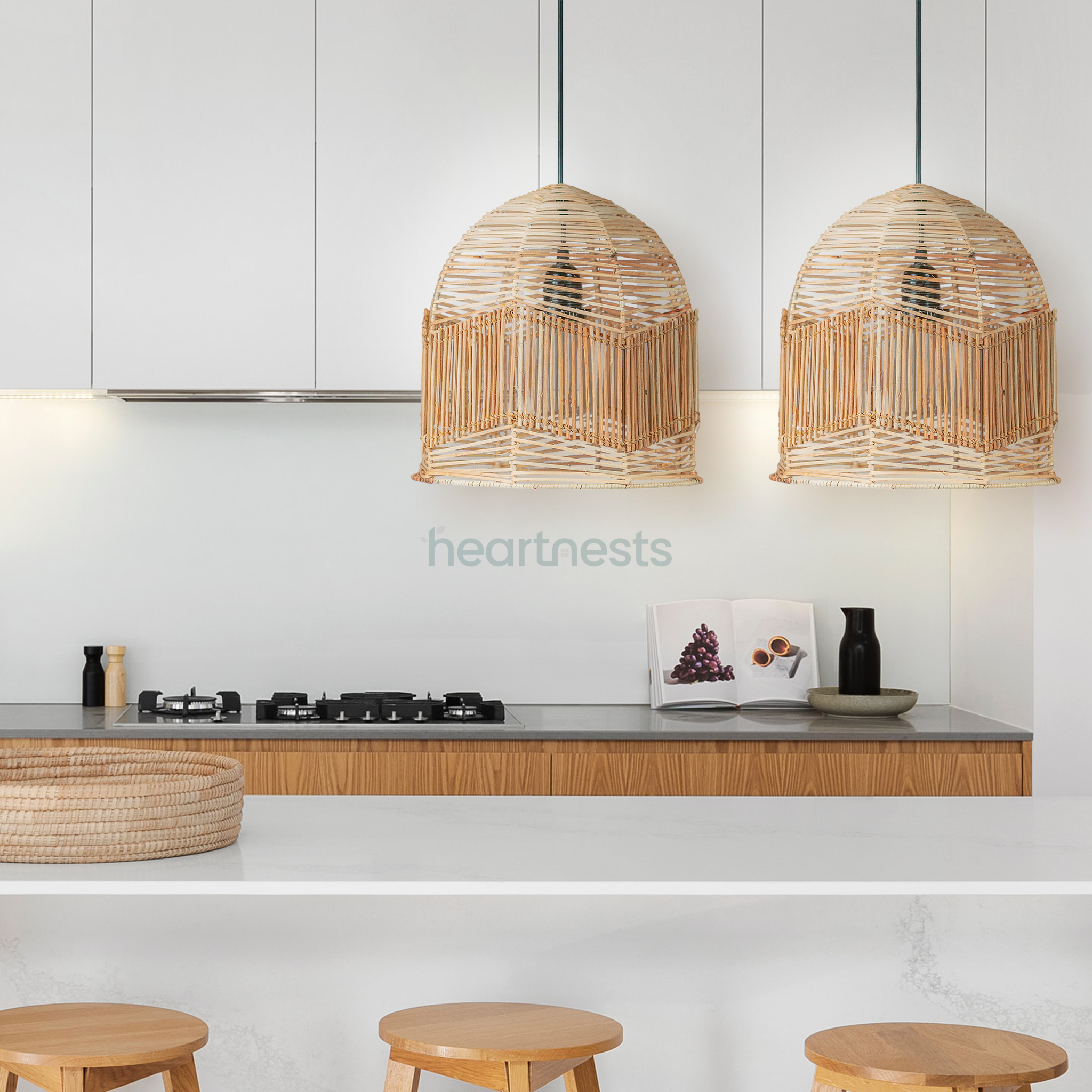 Avis Rattan Pendant Light. Boho Decor. Wicker Pendant Light Over Kitchen Island. Living Room, Bedroom Decor