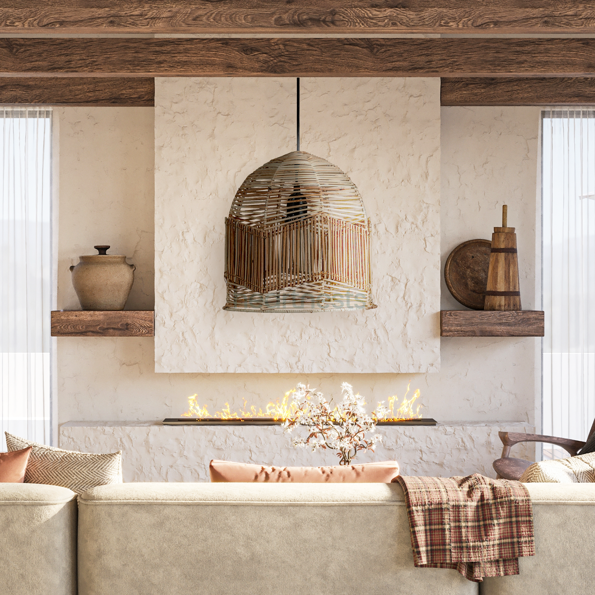 Avis Rattan Pendant Light. Boho Decor. Wicker Pendant Light Over Kitchen Island. Living Room, Bedroom Decor