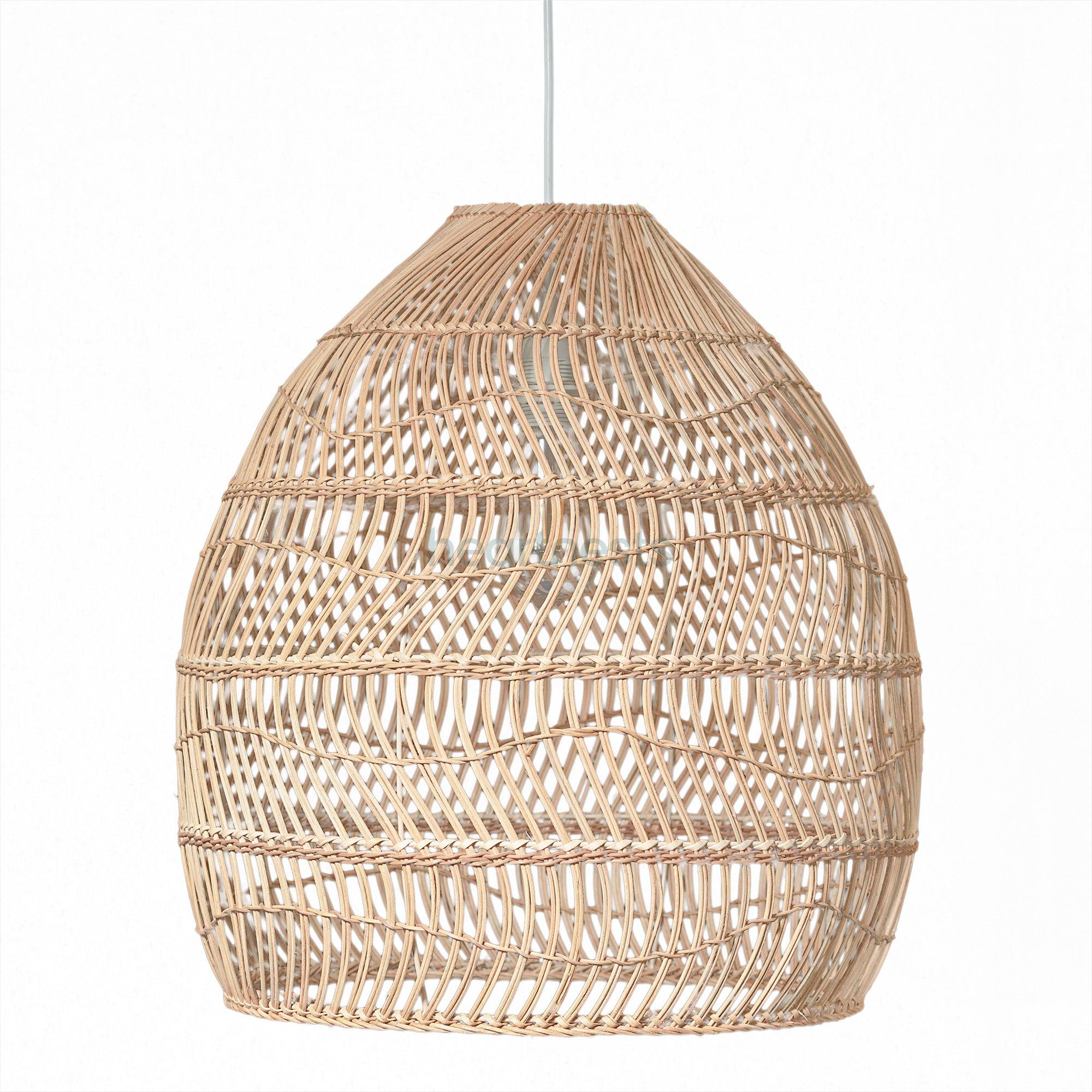 a close up view of Acacia Rattan Pendant Light's details against a white background