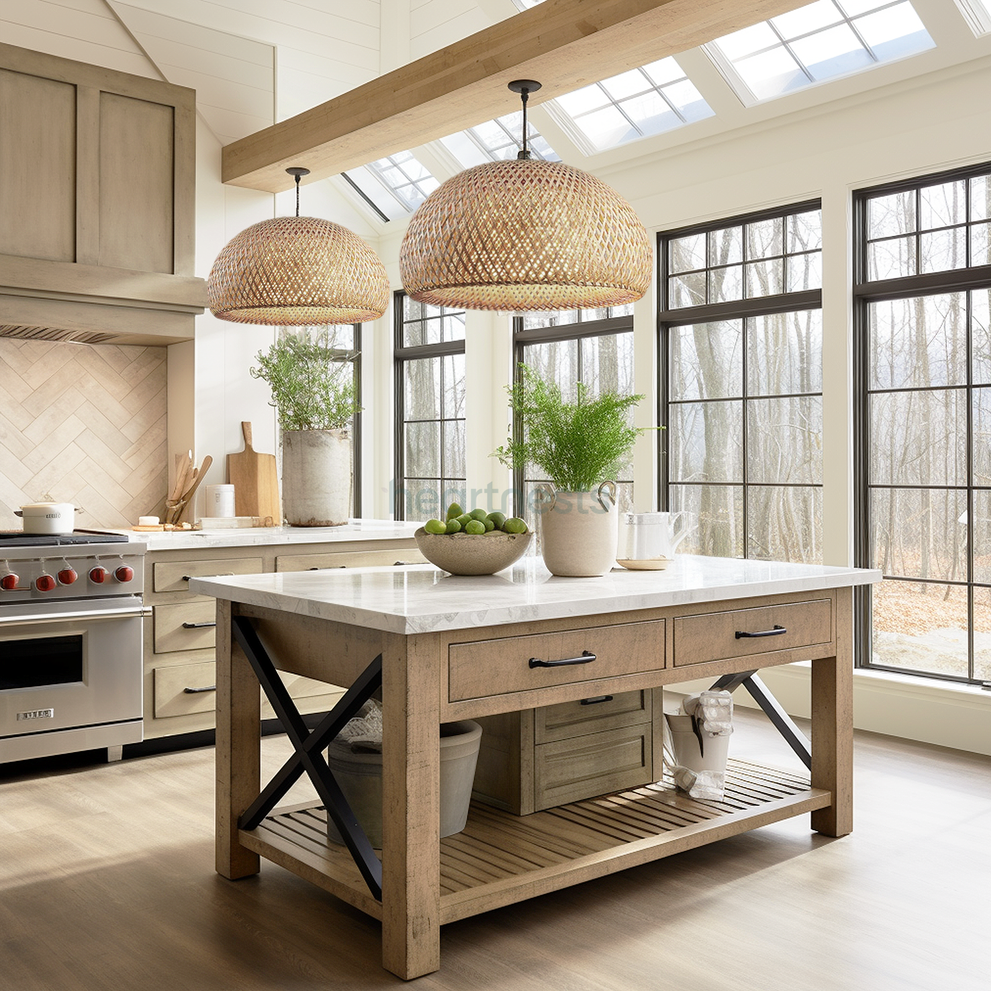 2 Heart Nests's Alinta bamboo hanging lights are hung side by side above a rustic farmhouse wooden kitchen island