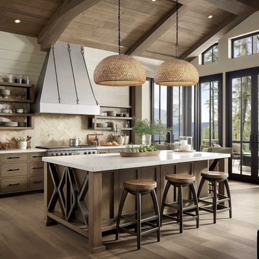 A large kitchen in rustic farmhouse style with wooden ceilings, wooden stools, 2 Heartnests Alinta Bamboo Pendant Lampshade are hung side by side above a marble top kitchen island