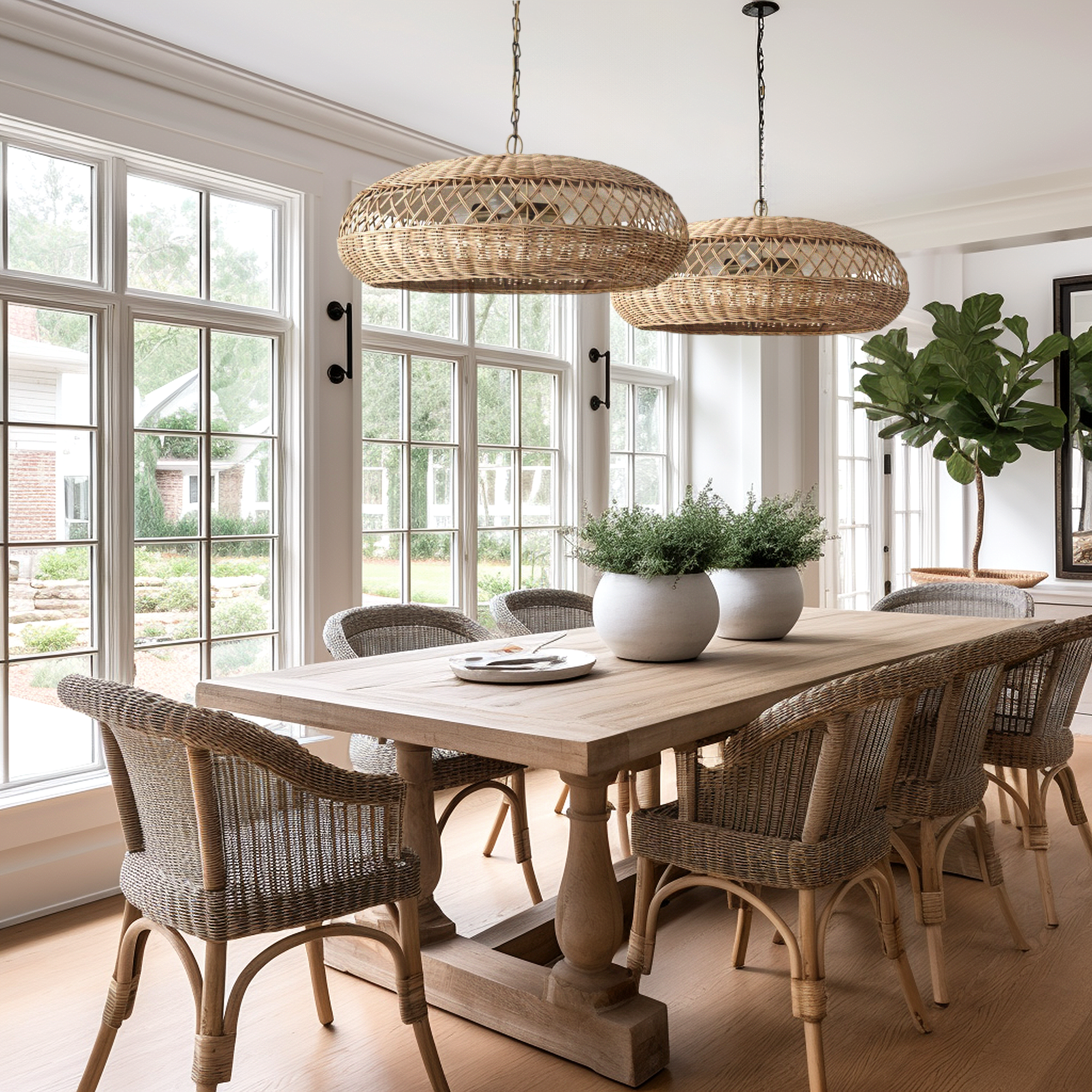 Two of Heart Nests's Almafi rattan pendant light are hung side by side over a 8 seater wooden dining table with matching rattan chairs inspired by coastal rustic style