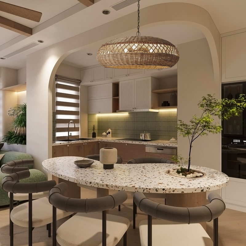 The Almafi rattan pendant light from Heart Nests is hung above a contemporary style dining table with sophisticated curve