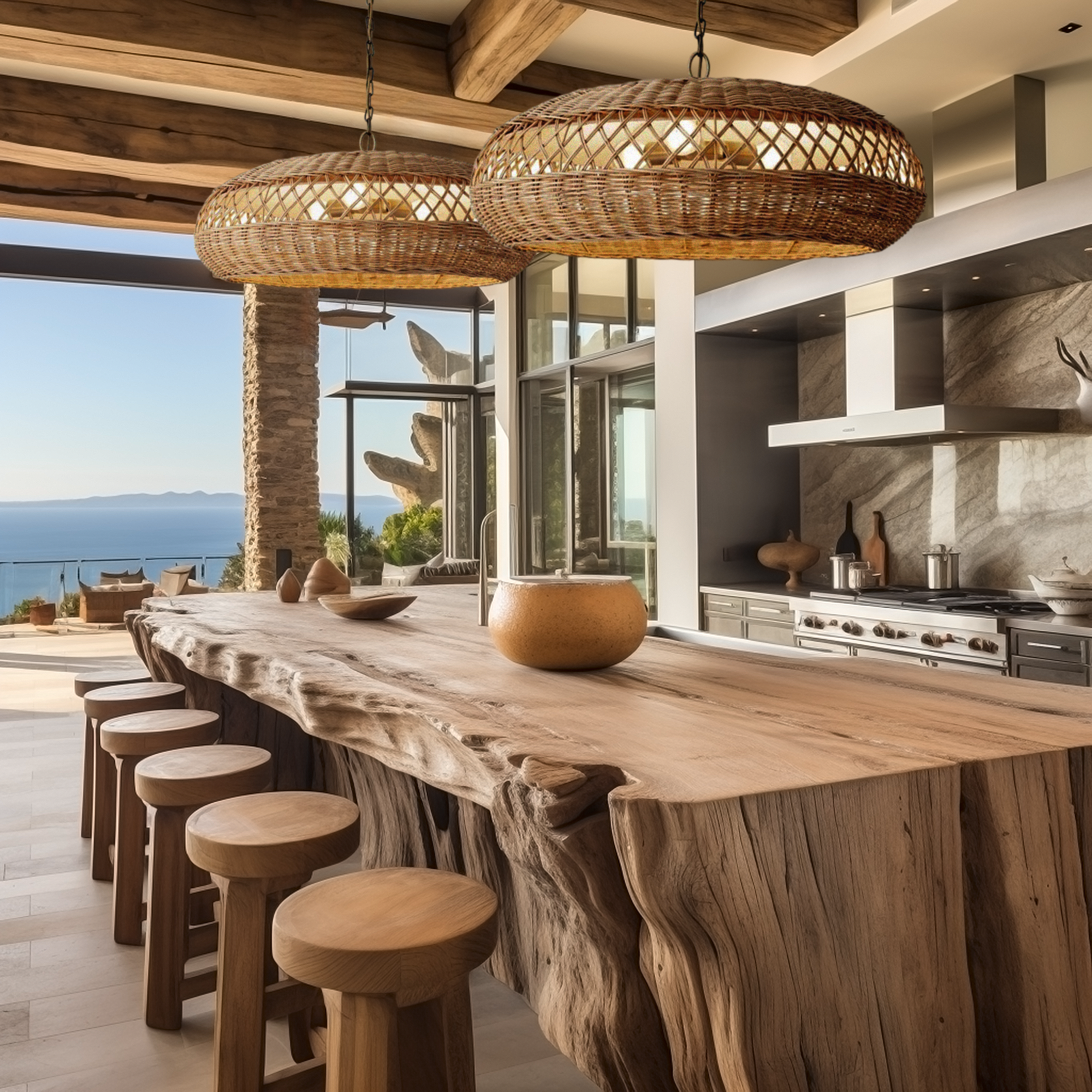 Two of Heart Nests's Almafi rattan pendant light are hung over an unique rustic kitchen island made from natural wood with 5 wooden kitchen stools. The kitchen is looking out to an alfresco facing the beach