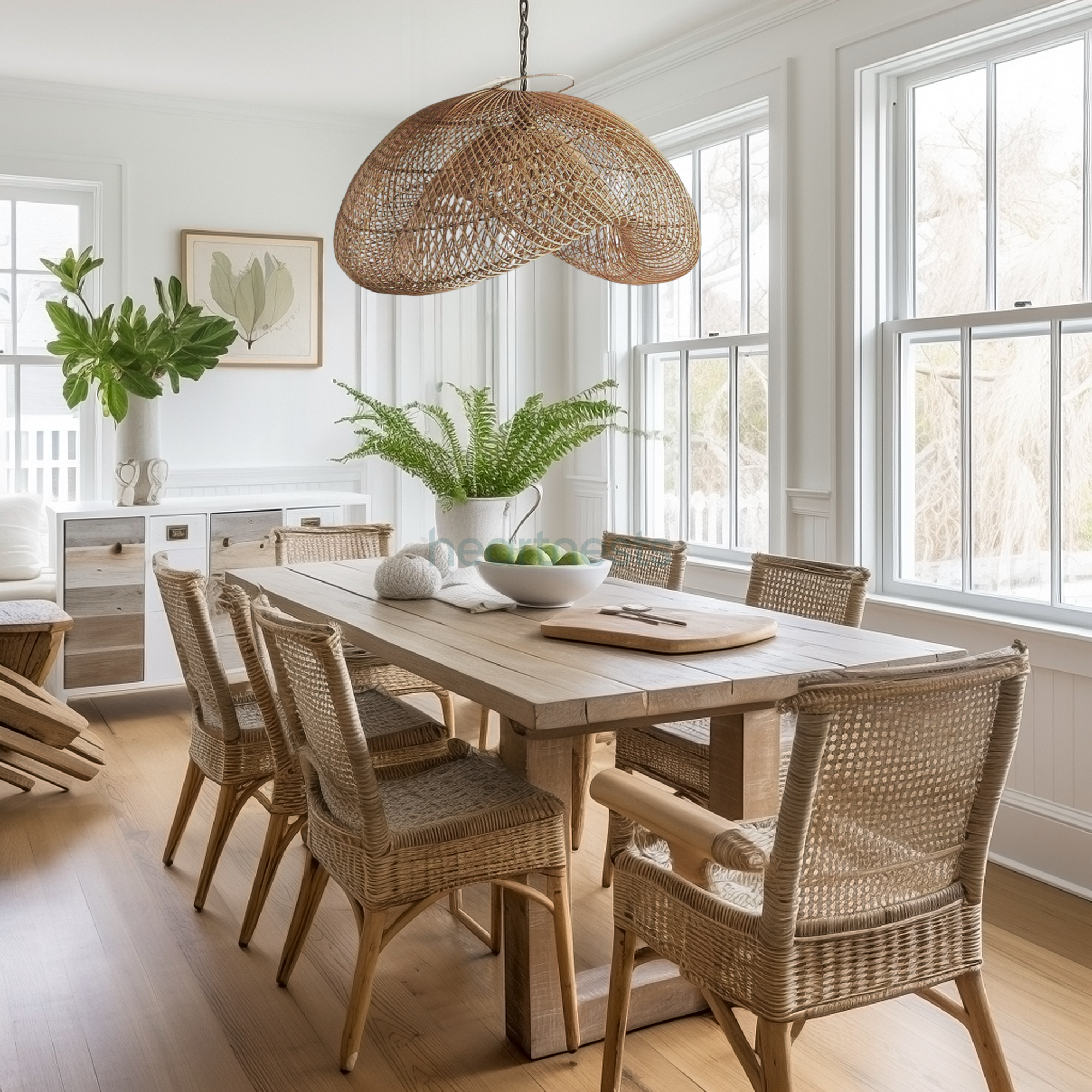 Heart Nests's Amelia rattan pendant light is hung above a large wooden dining table with 6 rattan chairs next to a bright white frame window, inspired coastal rustic style
