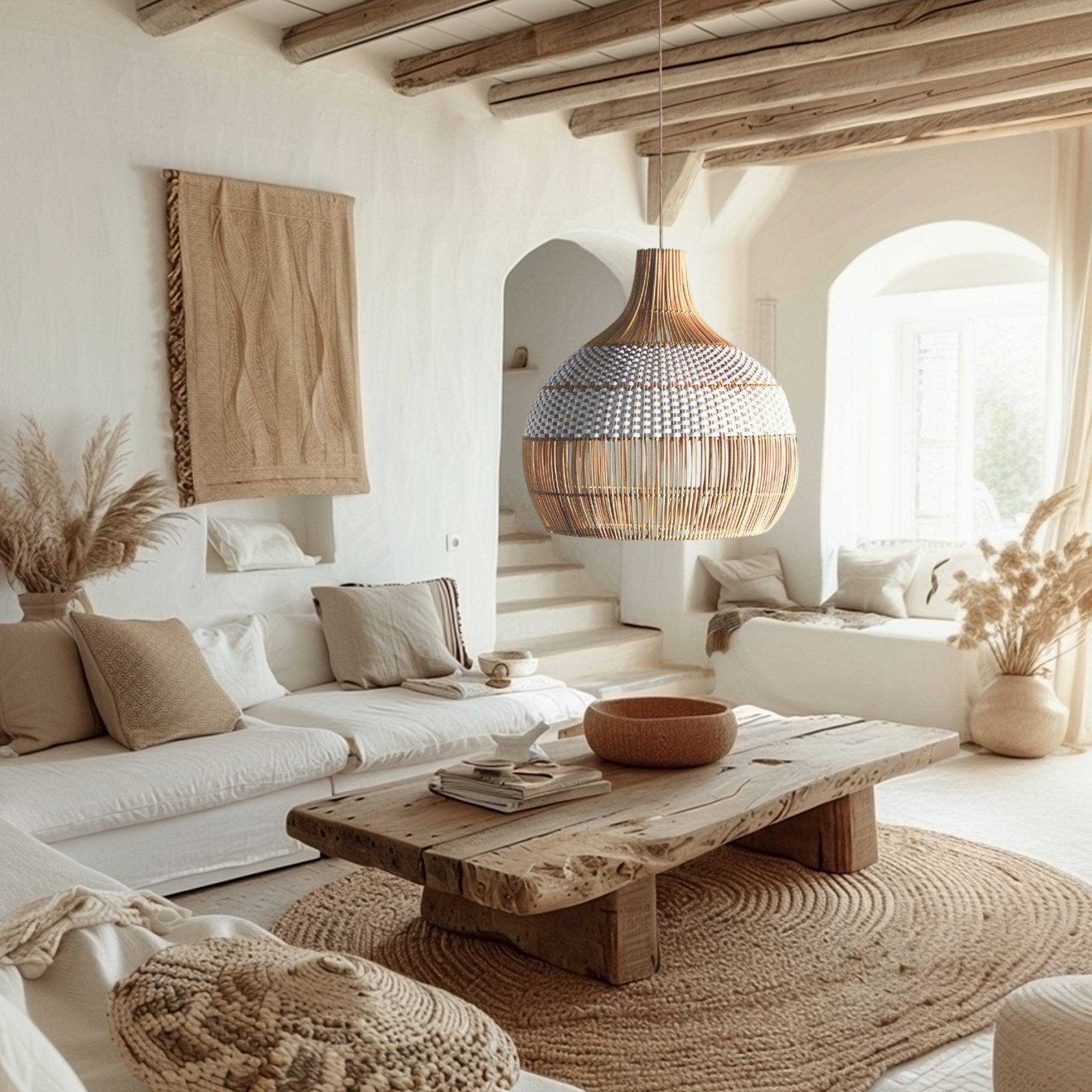 Catalina 60cm Rattan Pendant Light - Natural & White Weave