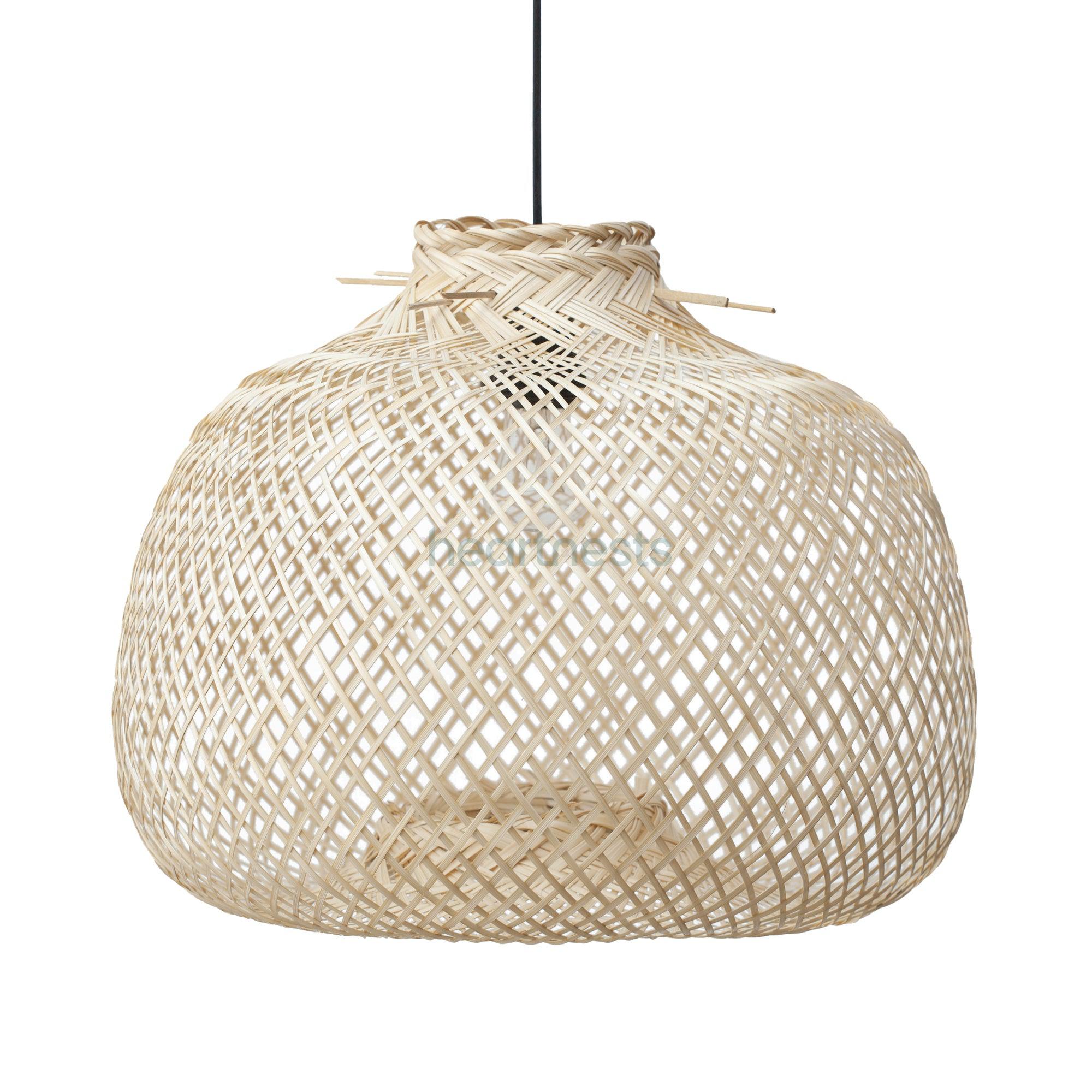 Bali bamboo pendant light in a close up view against white background