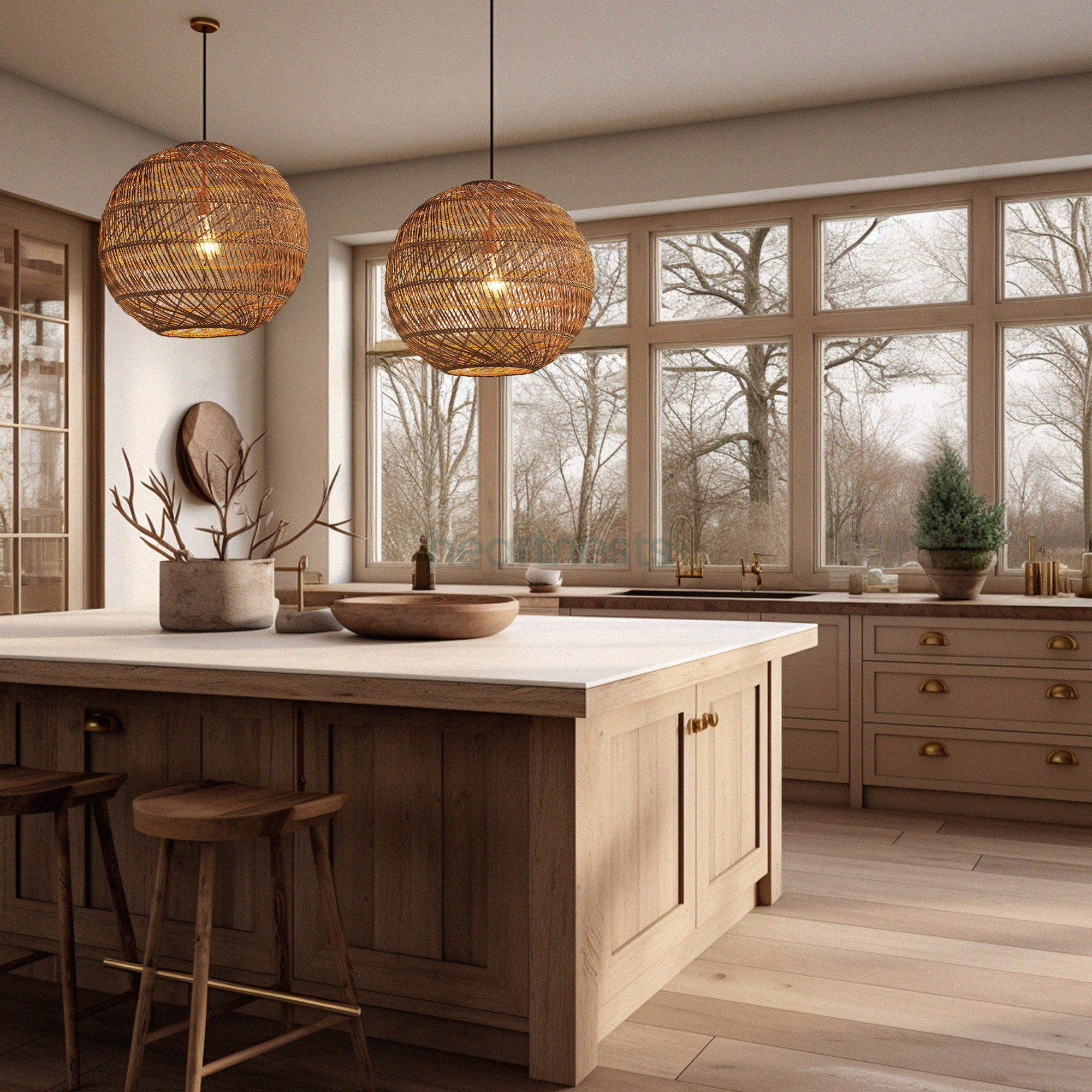 2 Ballia round shape rattan pendant lights with lights on from brand Heart Nestsare hung above a wooden farmhouse kitchen island