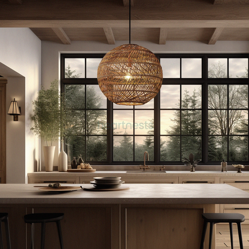 A Ballia round shape rattan pendant lights with lights on from brand Heart Nestsare hung above a wooden farmhouse kitchen island