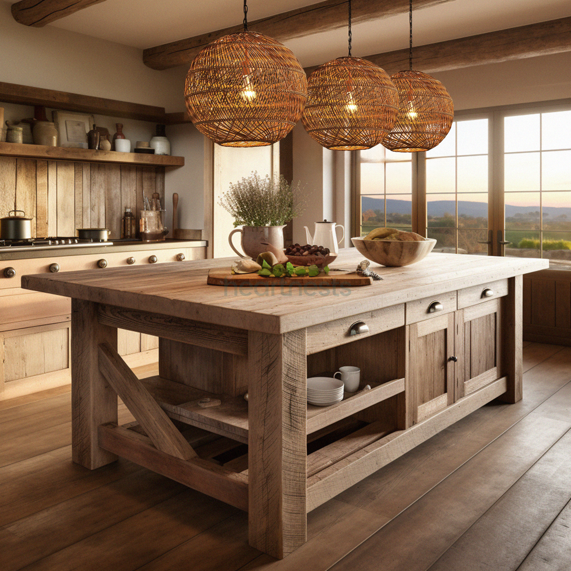 3 Ballia round shape rattan pendant lights with lights on from brand Heart Nestsare hung above a wooden farmhouse kitchen island