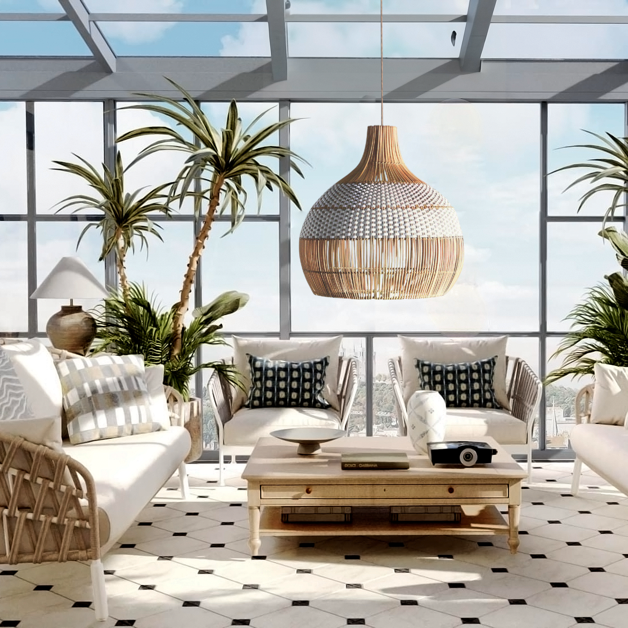 Catalina 50cm Rattan Pendant Light - Natural & White Weave