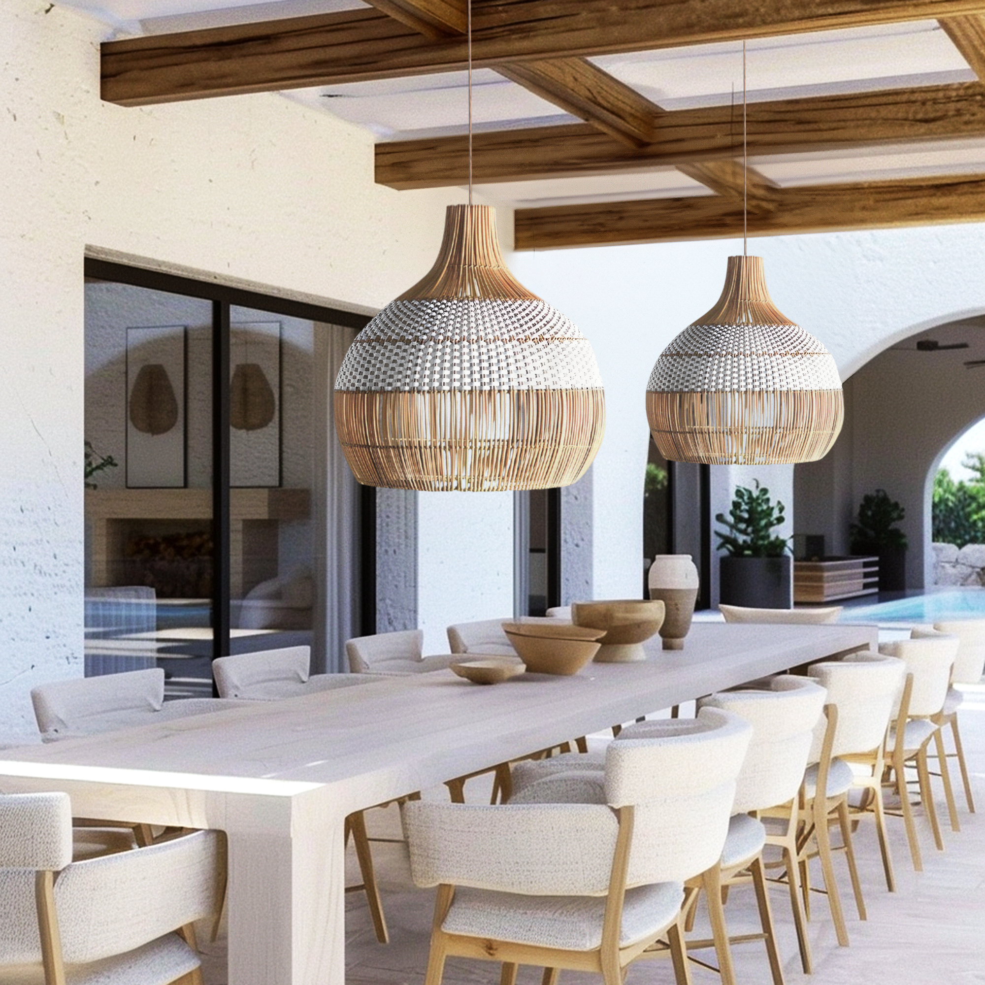 Catalina 50cm Rattan Pendant Light - Natural & White Weave
