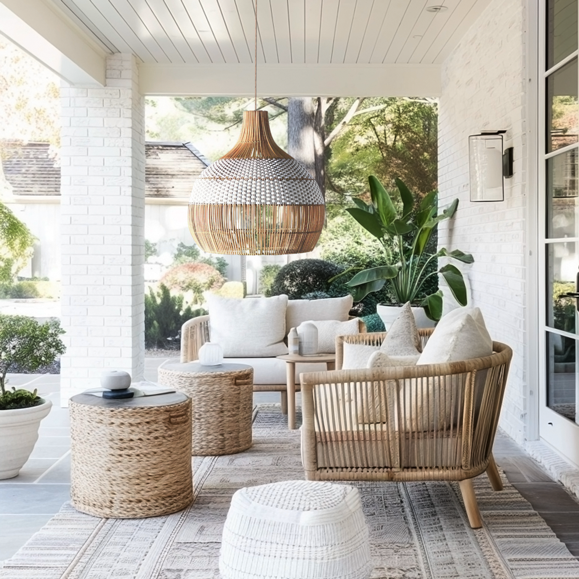 Catalina 60cm Rattan Pendant Light - Natural & White Weave
