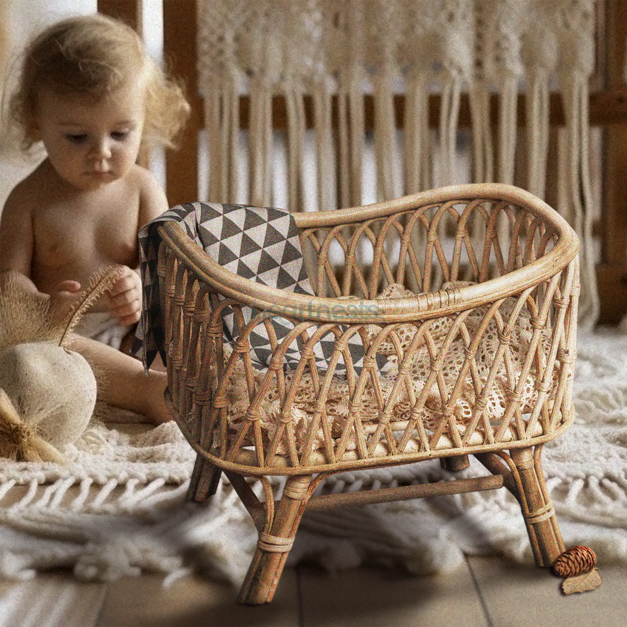 Heartnests's Cra Baby Prop on a rustic color wooden floor. Background is a white macrame and thee's a baby sitting next to it