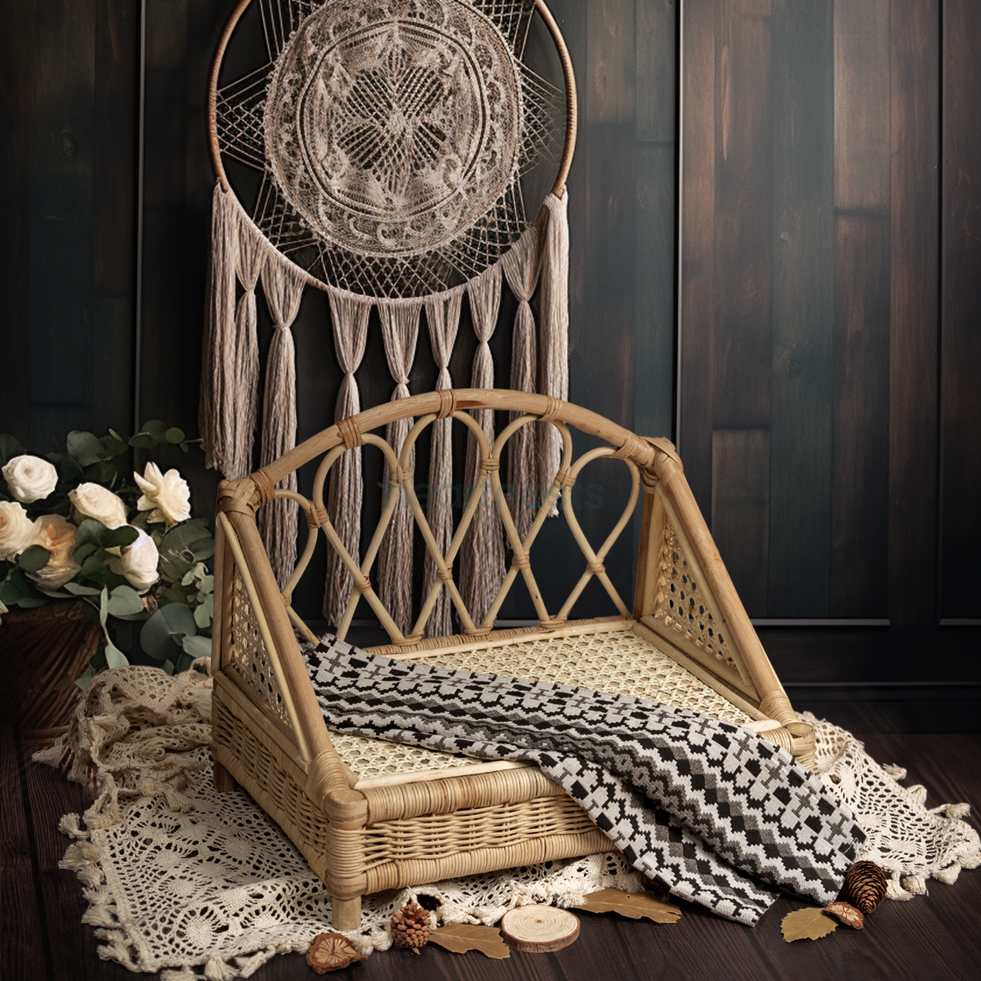 A Heartnests's Crown Rattan Baby Prop is placed in front of a white macrame dream catcher and next to a white flower vase