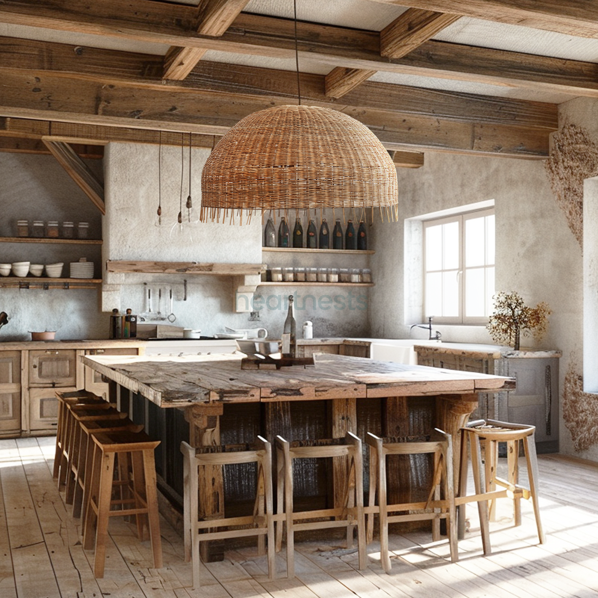 A Heartnests's Daria Wicker Pendant Light is dropped down from a ceiling timber beam and hung above a wooden kitchen island with 5 wooden stools in a rustic kitchen decor setting