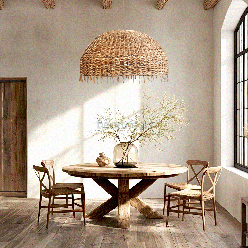 A Heartnests's Daria Rattan Hanging Light is hung above a round dining table next to a large window covered by a ray of sunshine, in a rustic minimalistic room decor setting