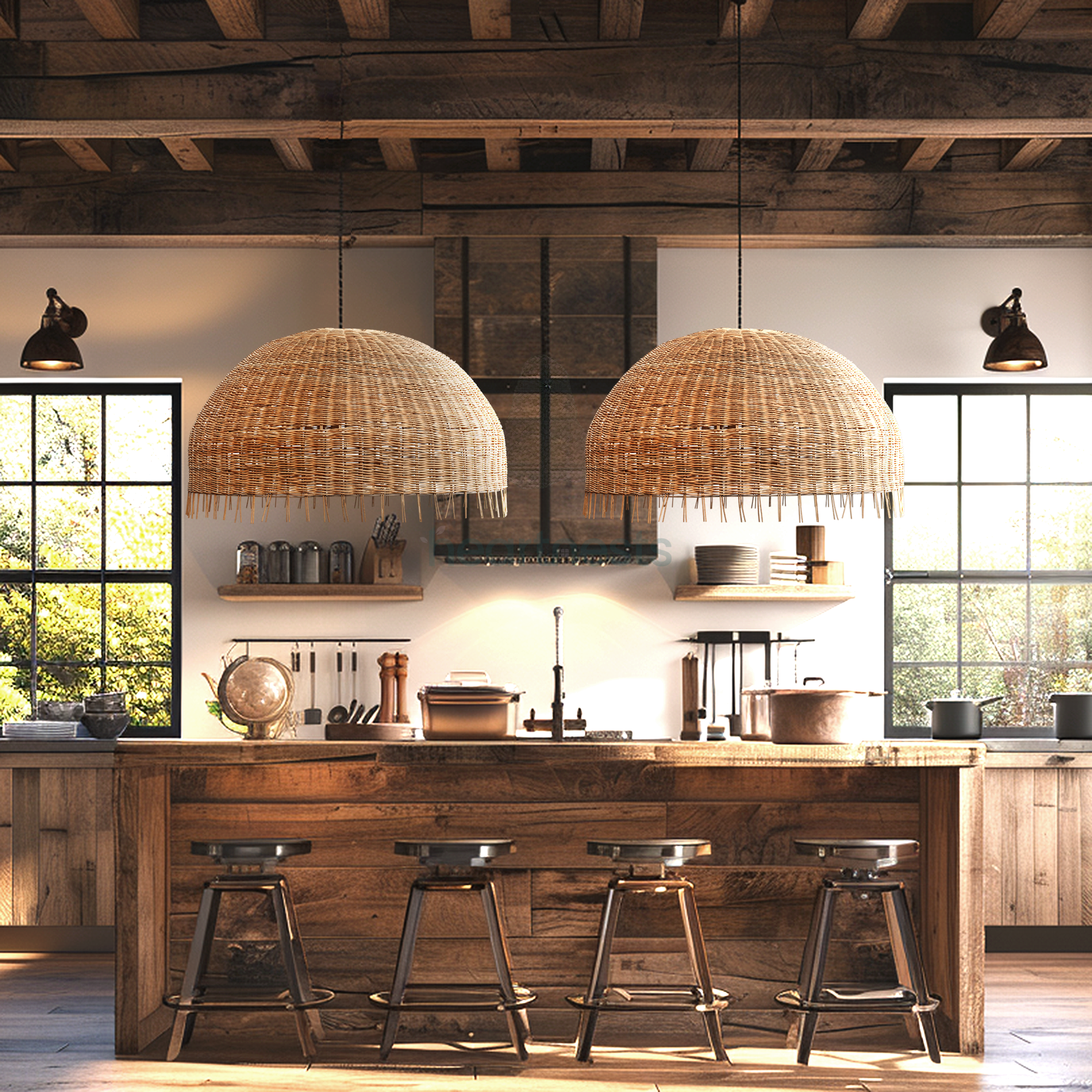 2 of Heartnests's Daria Rattan Pendant Lights are hung above a wooden vintage vibe kitchen island in a rustic kitchen decor setting