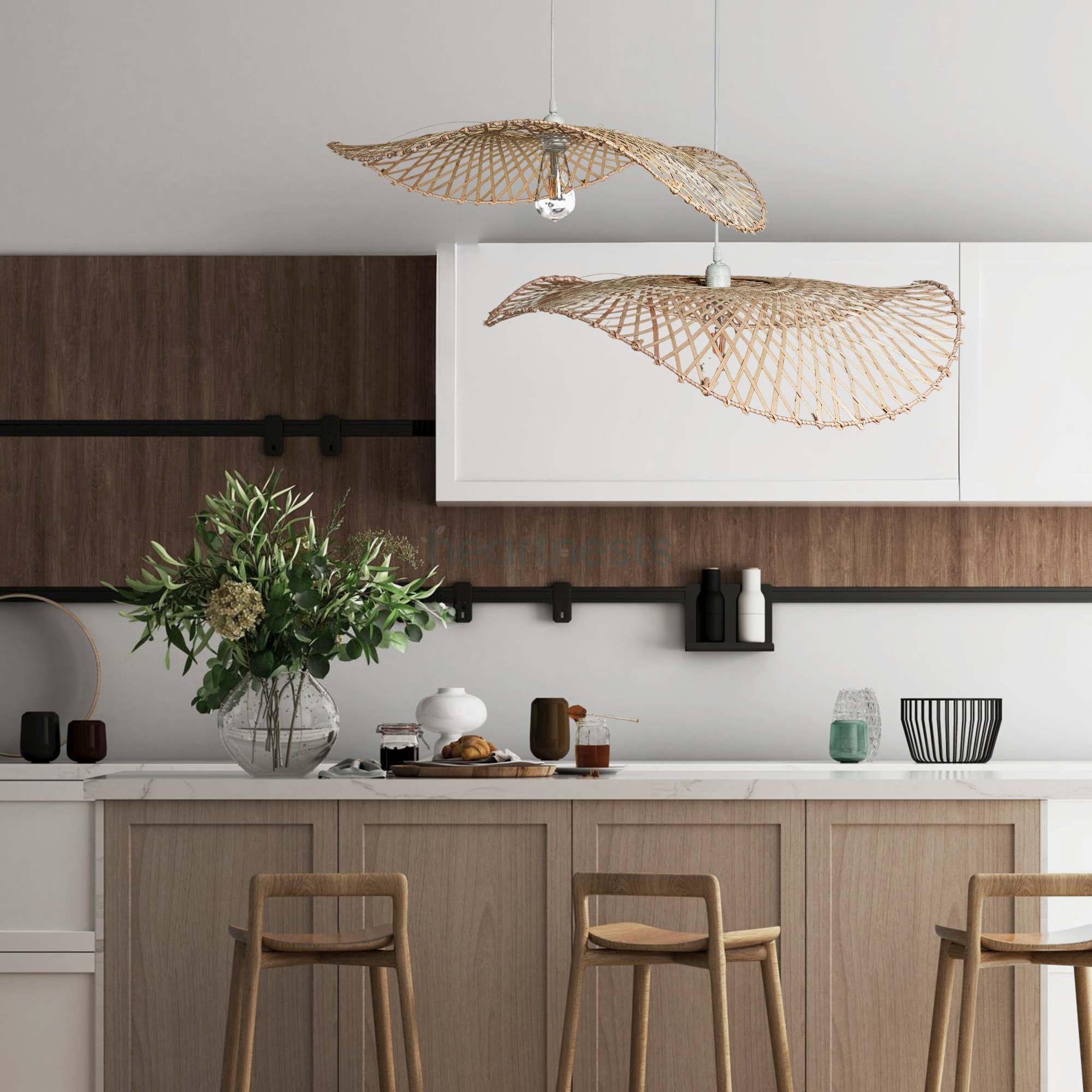 2 of Heartnests' Hakea Rattan Hanging Lights are hung above a kitchen island with 3 wooden kitchen stools and a pot plant tree in a farmhouse decor style kitchen