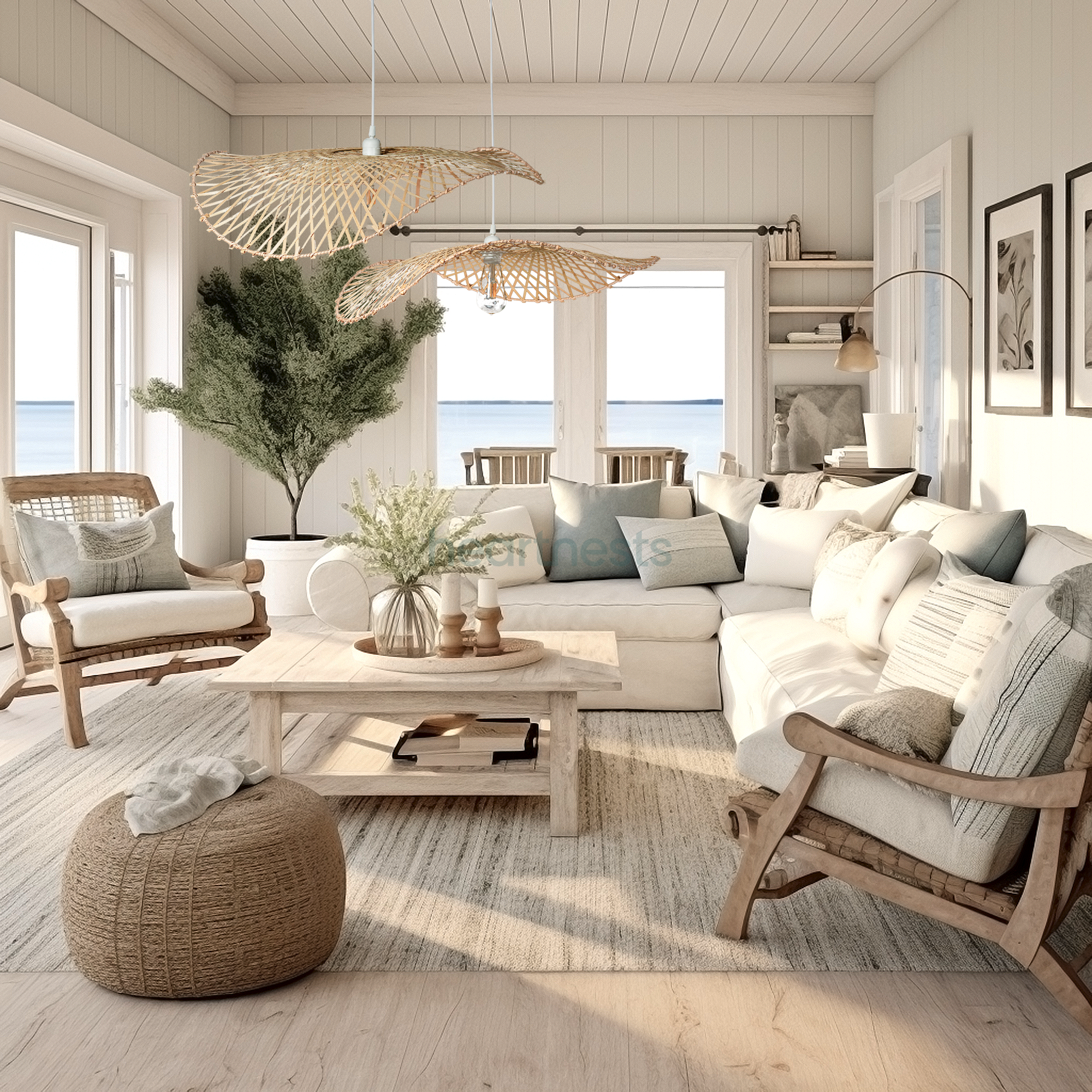 2 of Heartnests' Hakea Wicker Hanging Lights are hung above a cloud chase sofa and a wooden table in a coastal style living room looking out to the ocean