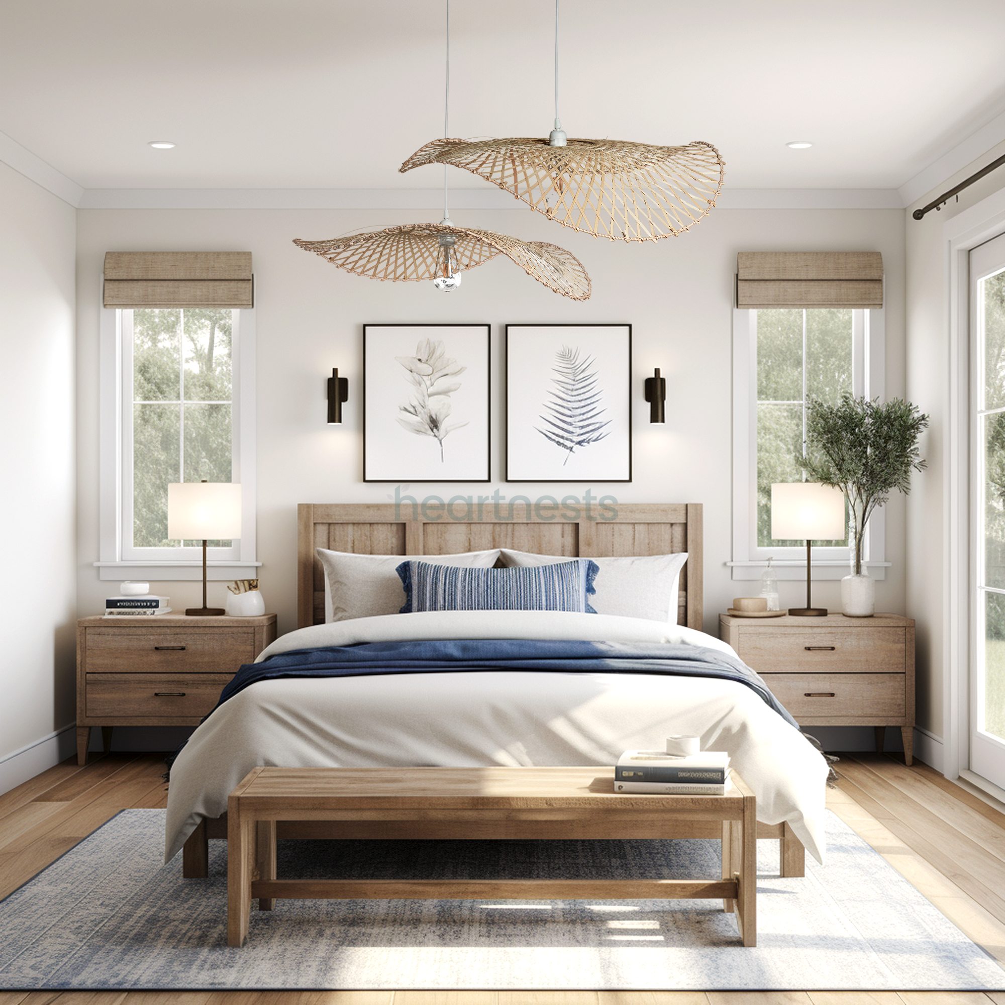 2 of Heartnests' Hakea Wicker Hanging Lights are hung above a wooden bed with white color quilt cover in a farmhouse decor style bedroom