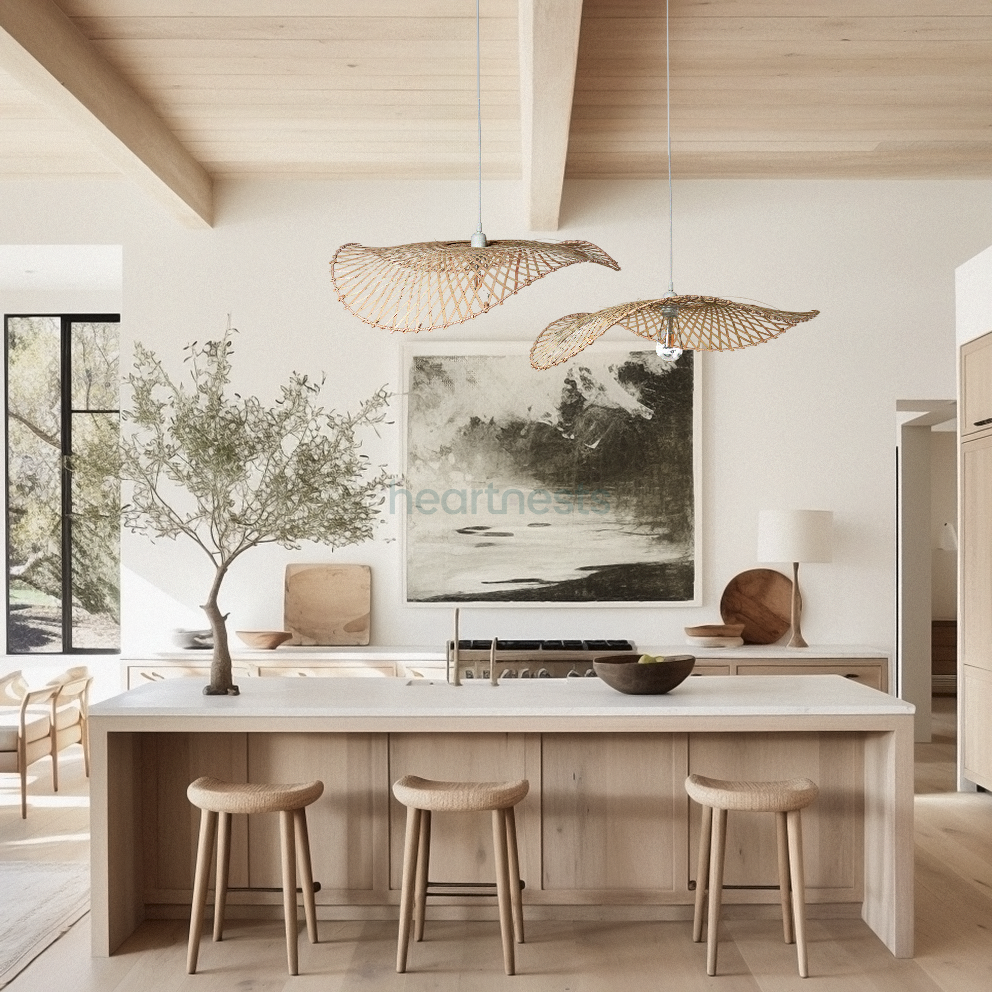 2 of Heartnests' Hakea Bamboo Pendant Lights are hung above a kitchen island and 4 wooden kitchen stools in a farmhouse decor style kitchen