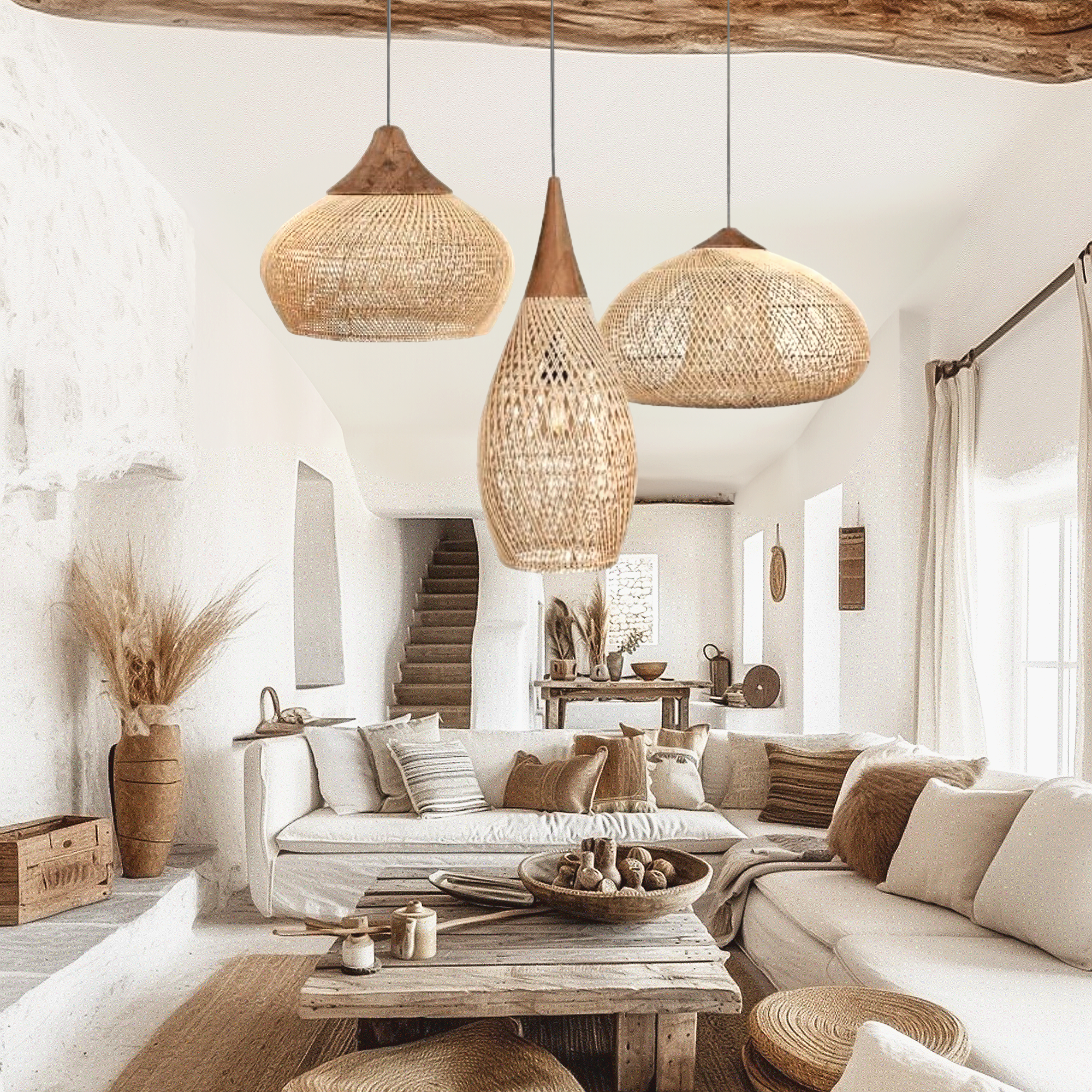 Hibicus Rattan Pendant Light Bundle Set of 3 - Handwoven Cane Rattan