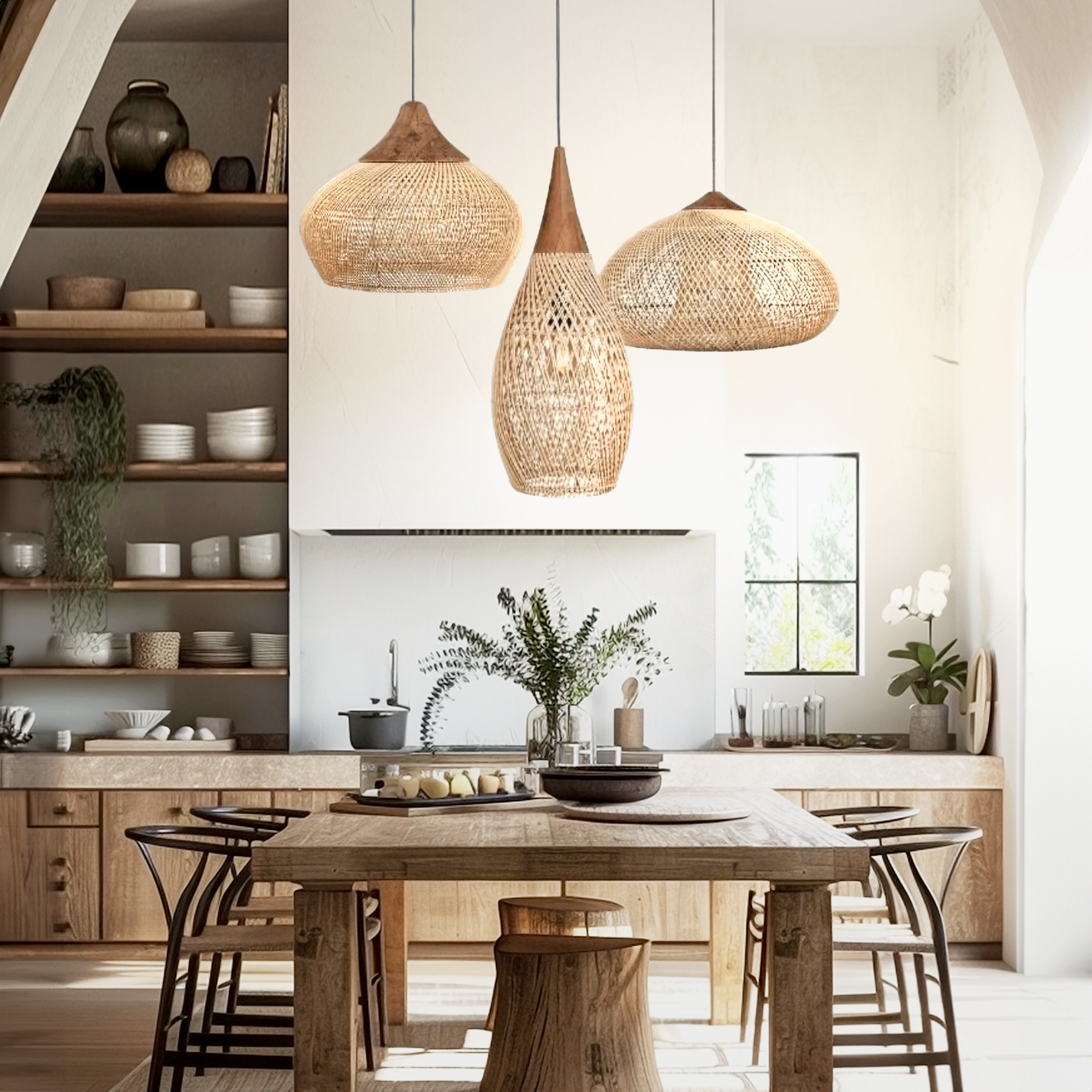 Hibicus Rattan Pendant Light Bundle Set of 3 - Handwoven Cane Rattan