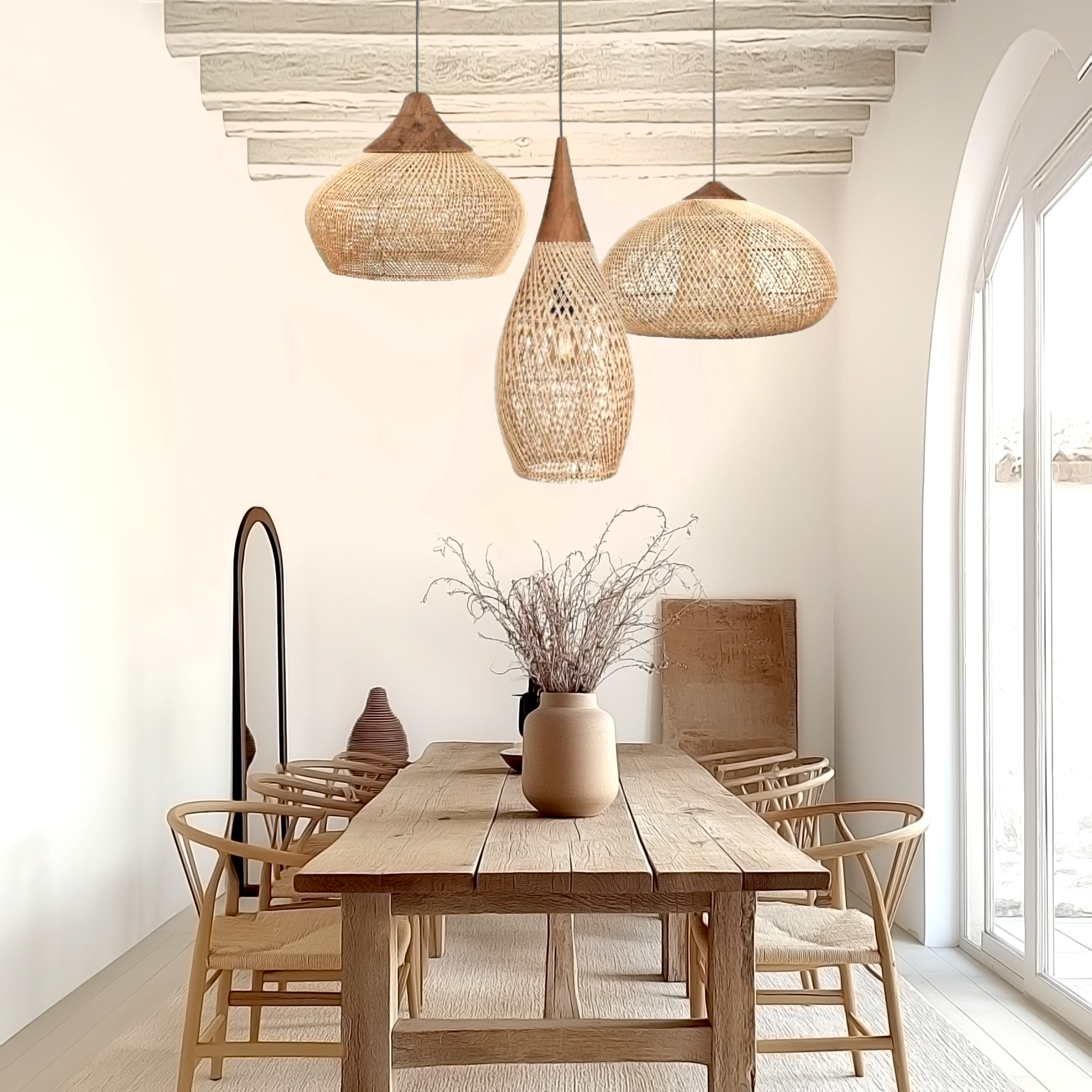 Hibicus Rattan Pendant Light Bundle Set of 3 - Handwoven Cane Rattan