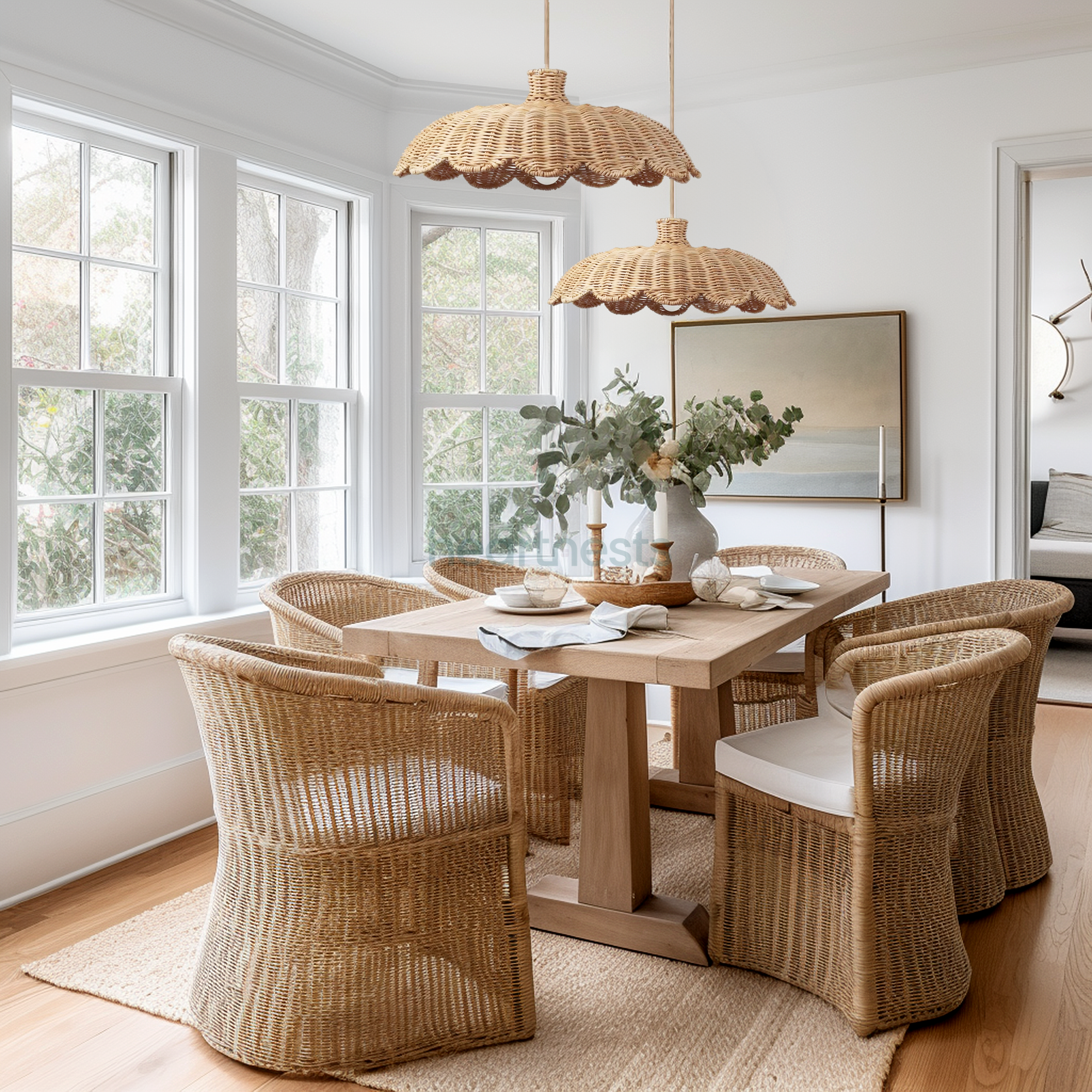 2 Isle rattan hanging lights in Large and Medium sizes featured flower shape from Heart Nests are hung at a different height above a set of wicker dining table and chairs following boho coastal style