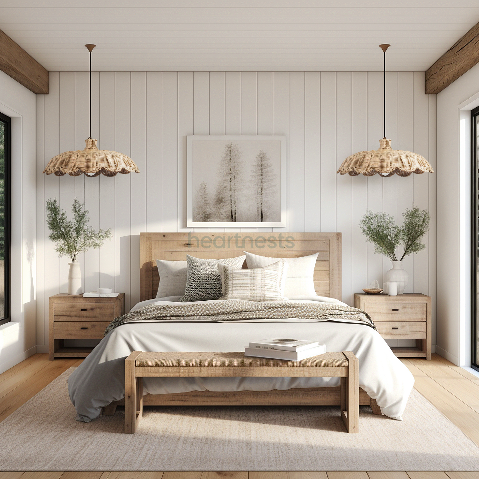 2 Isle wicker hanging lights featured flower shape from Heart Nests are hung above 2 bedside tables over wooden bed with white mattress and gray throw next to a large bright window