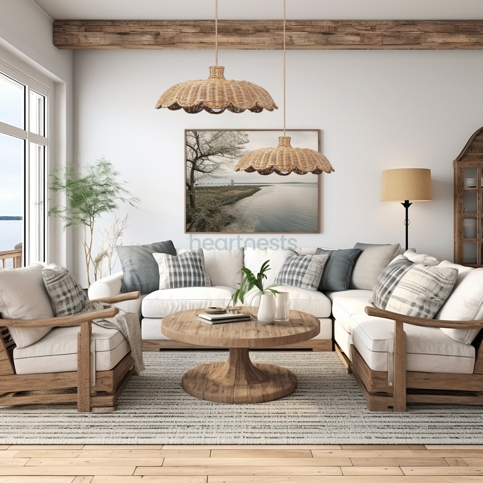 2 Isle rattan hanging lights in Large and Medium sizes featured flower shape from Heart Nests are hung at a different height above a wooden living room table and 4 wooden armchairs following contemporary natural interior style