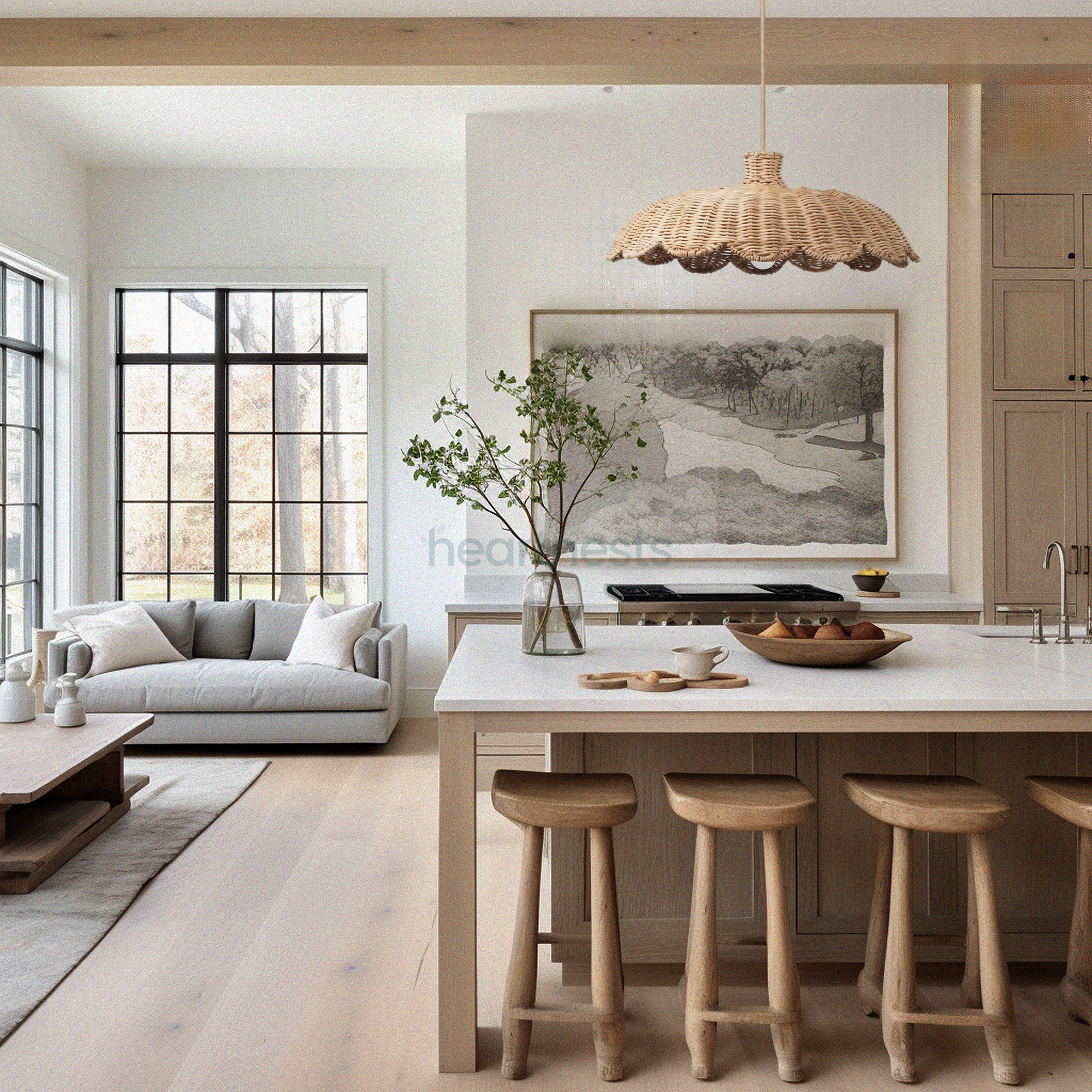 1 Isle wicker lampshade featured flower shape from Heart Nests is hung above a contemporary white marble top kitchen island with 4 wooden kitchen stools