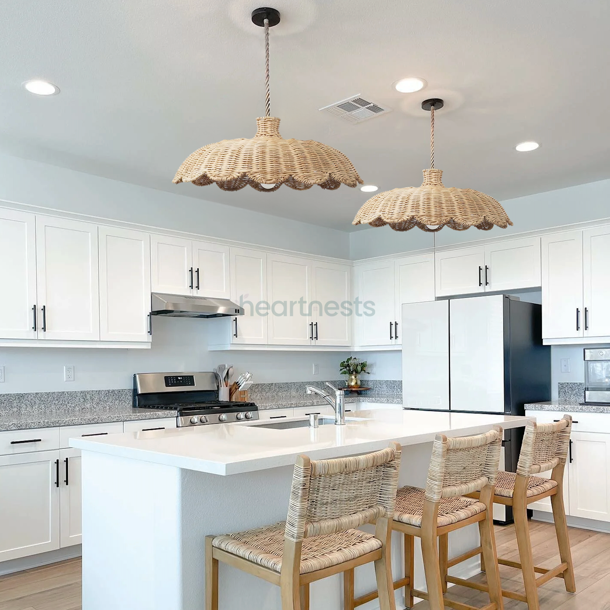 2 Isle wicker hanging lights featured flower shape from Heart Nests are hung above a white kitchen island with 4 rattan kitchen chairs following contemporary & versatile interior style