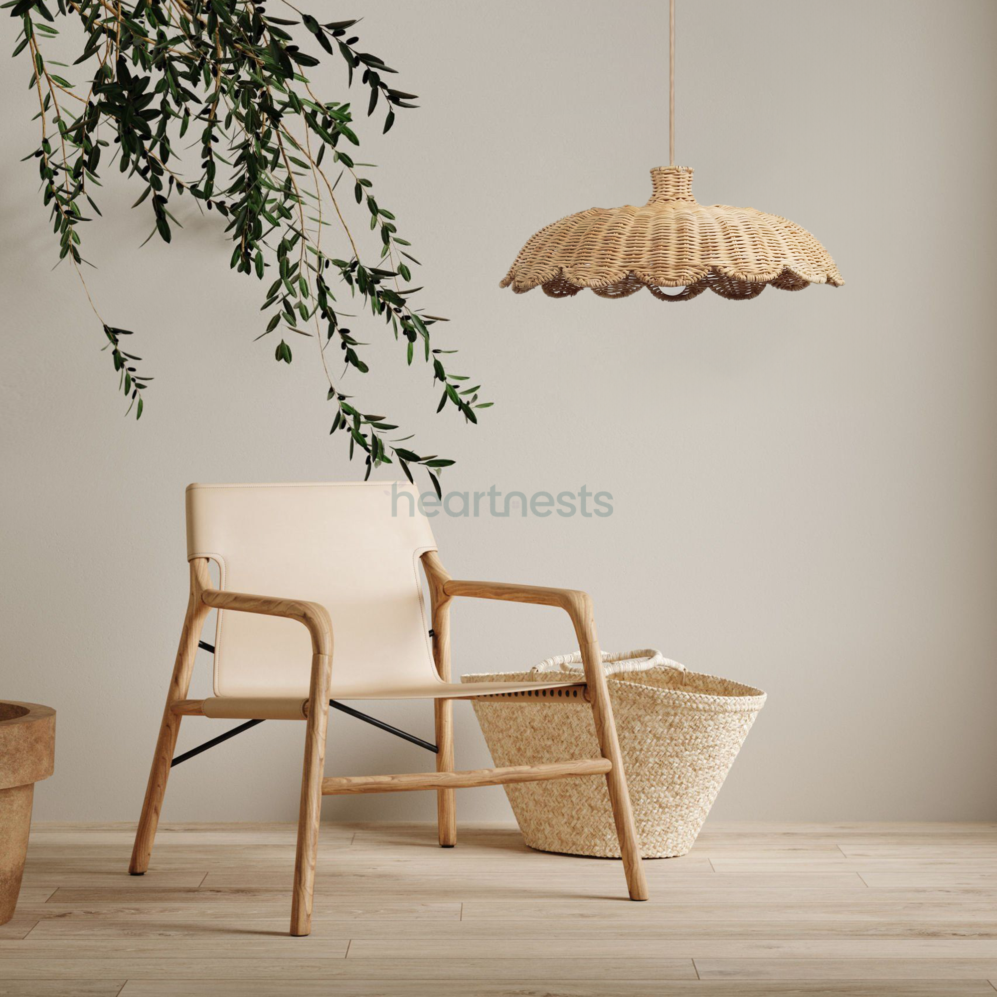 1 Isle rattan fixture featured flower shape from Heart Nests is hung above a wooden armchair next to a boho beach style bag