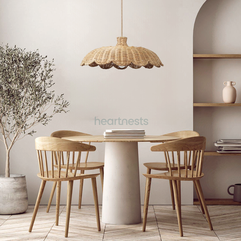 1 Isle wicker lampshade featured flower shape from Heart Nests is hung above a contemporary round top dining table with 4 kitchen wooden chairs