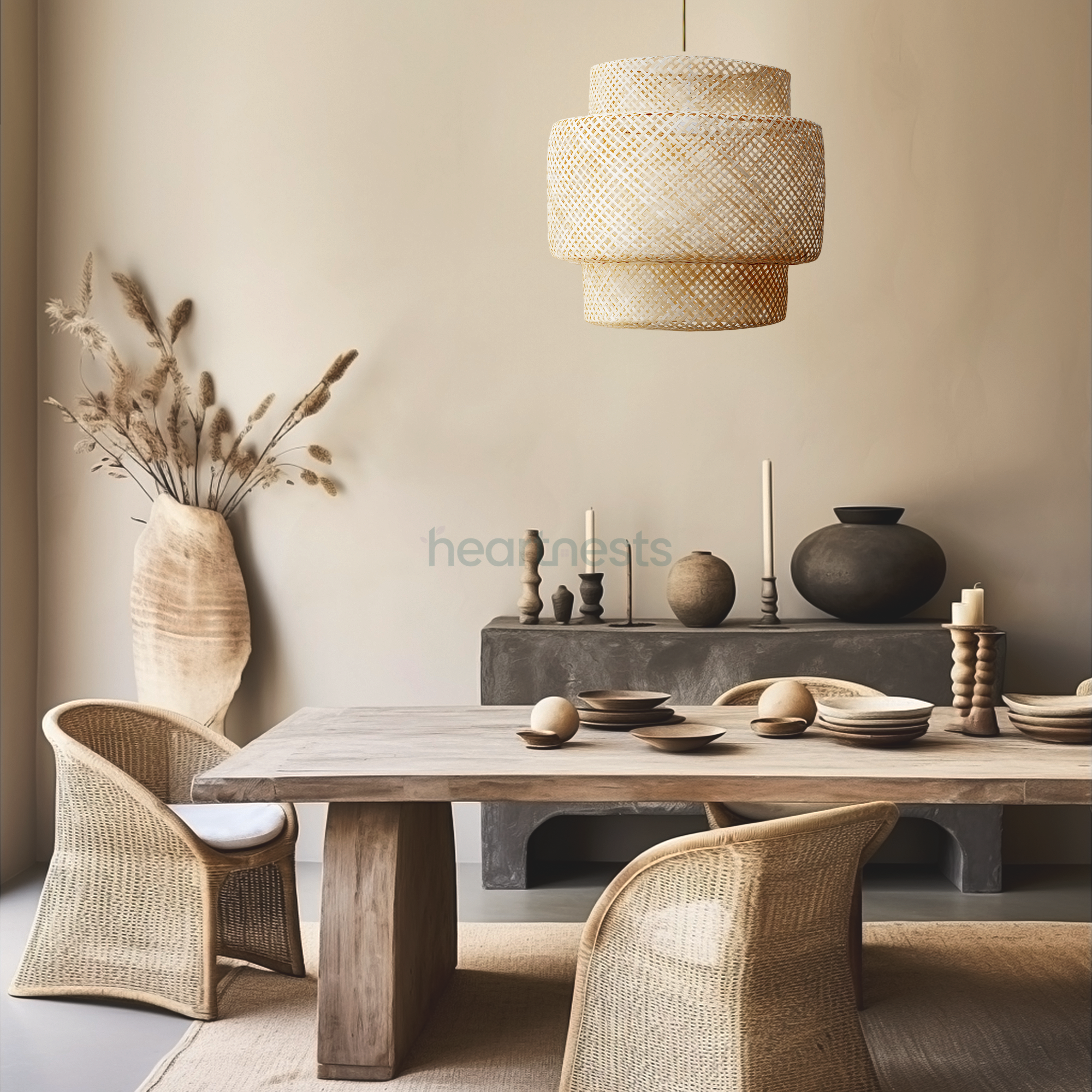 Illia Bamboo pendant light is hung above a wicker table and rattan chair set
