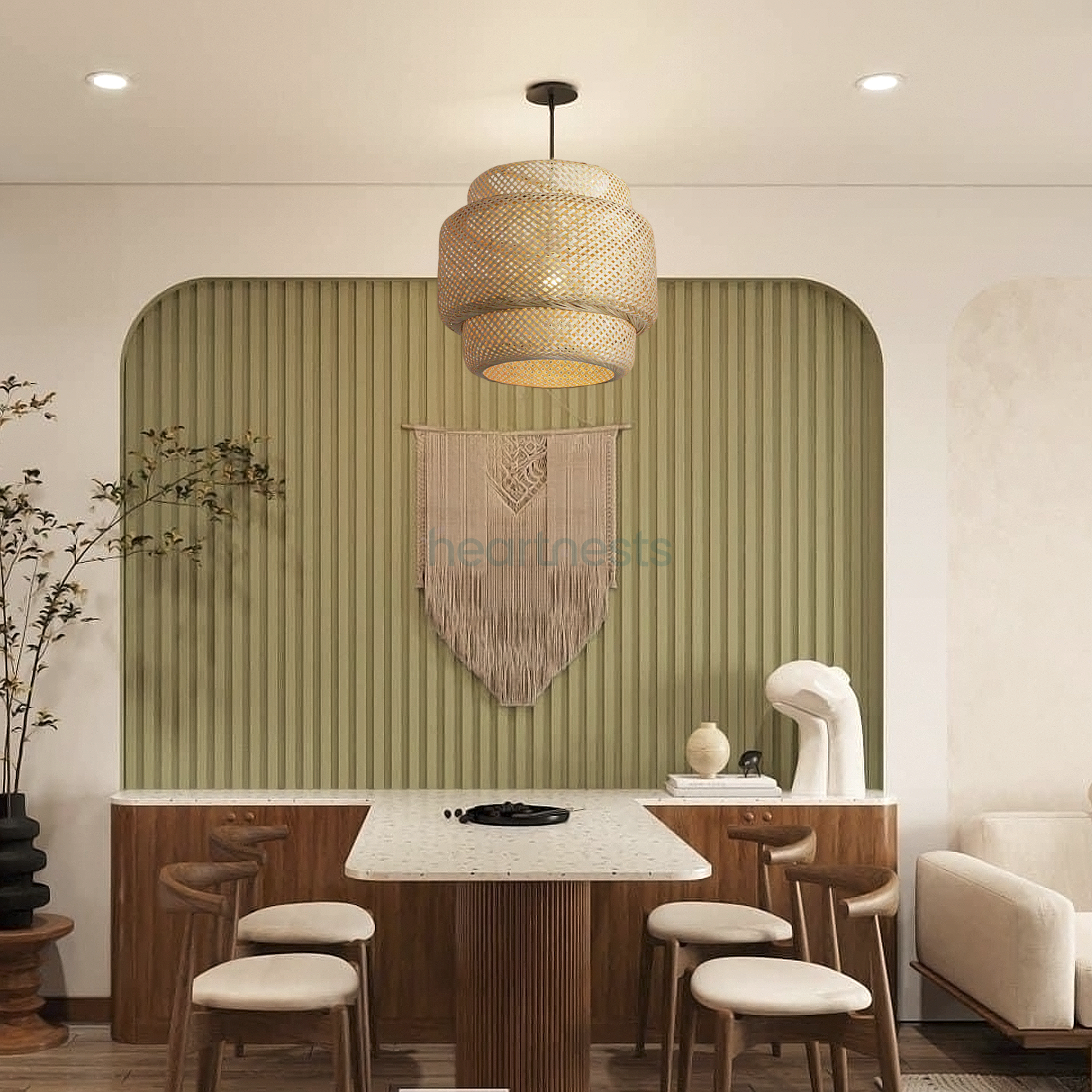 Illia bamboo pendant light is hung in a dining area, above a dining table and 4 chair set