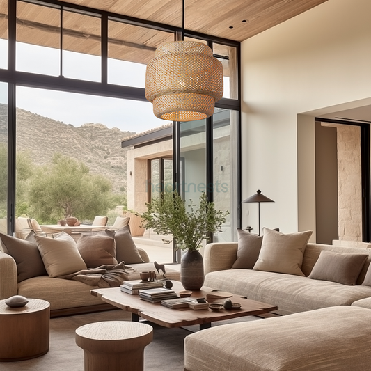 Illia bamboo pendant light is hung in a luxurious rustic style living room, above a neutral colour sofa