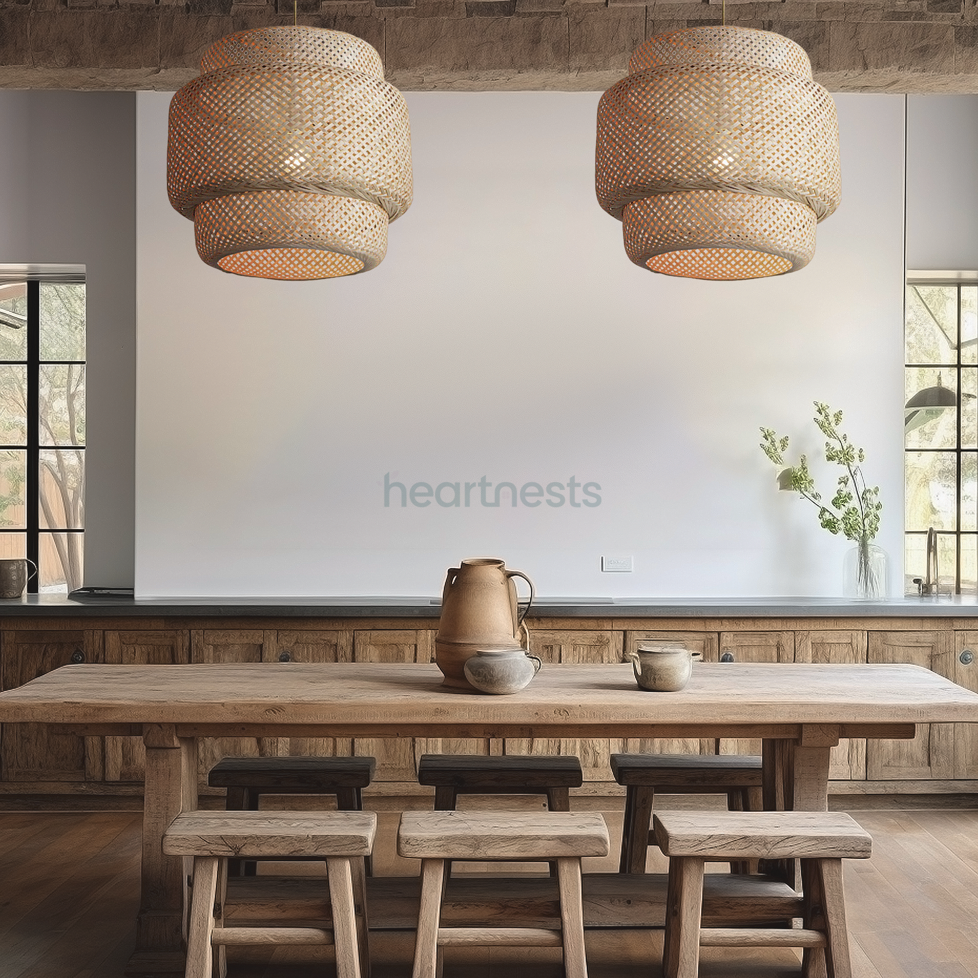 2 Illia Bamboo pendant light are hung above a wooden rustic dining table