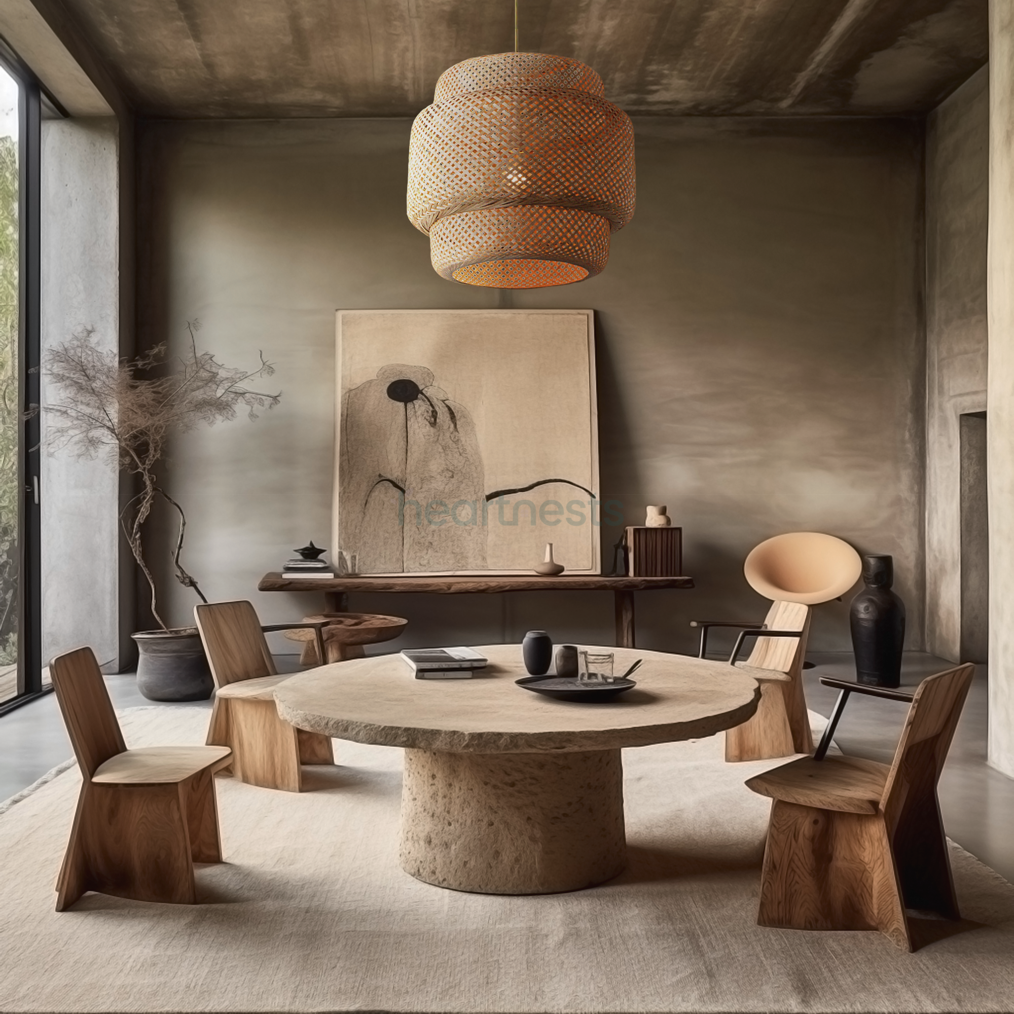 Illia bamboo pendant light is hung in a wabi-sabi decor style living room, above a round living room wooden table surrounded by 4 rattan chairs