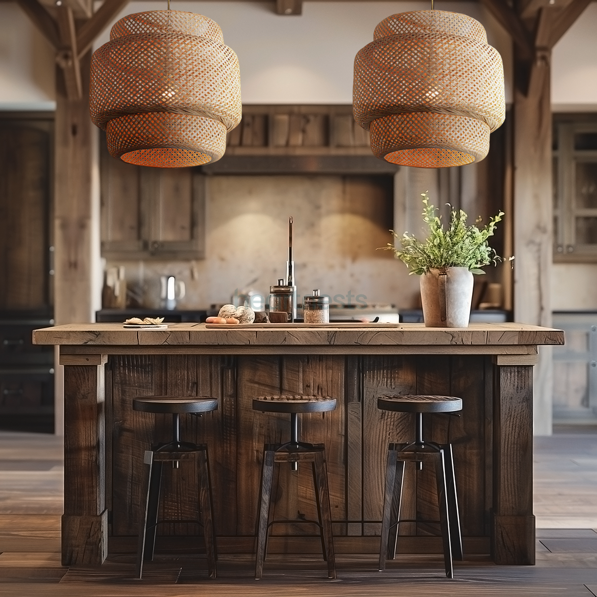 2 of Heartnests' Illia Bamboo Pendant Light are hung above a rustic wooden kitchen island in a rustic kitchen