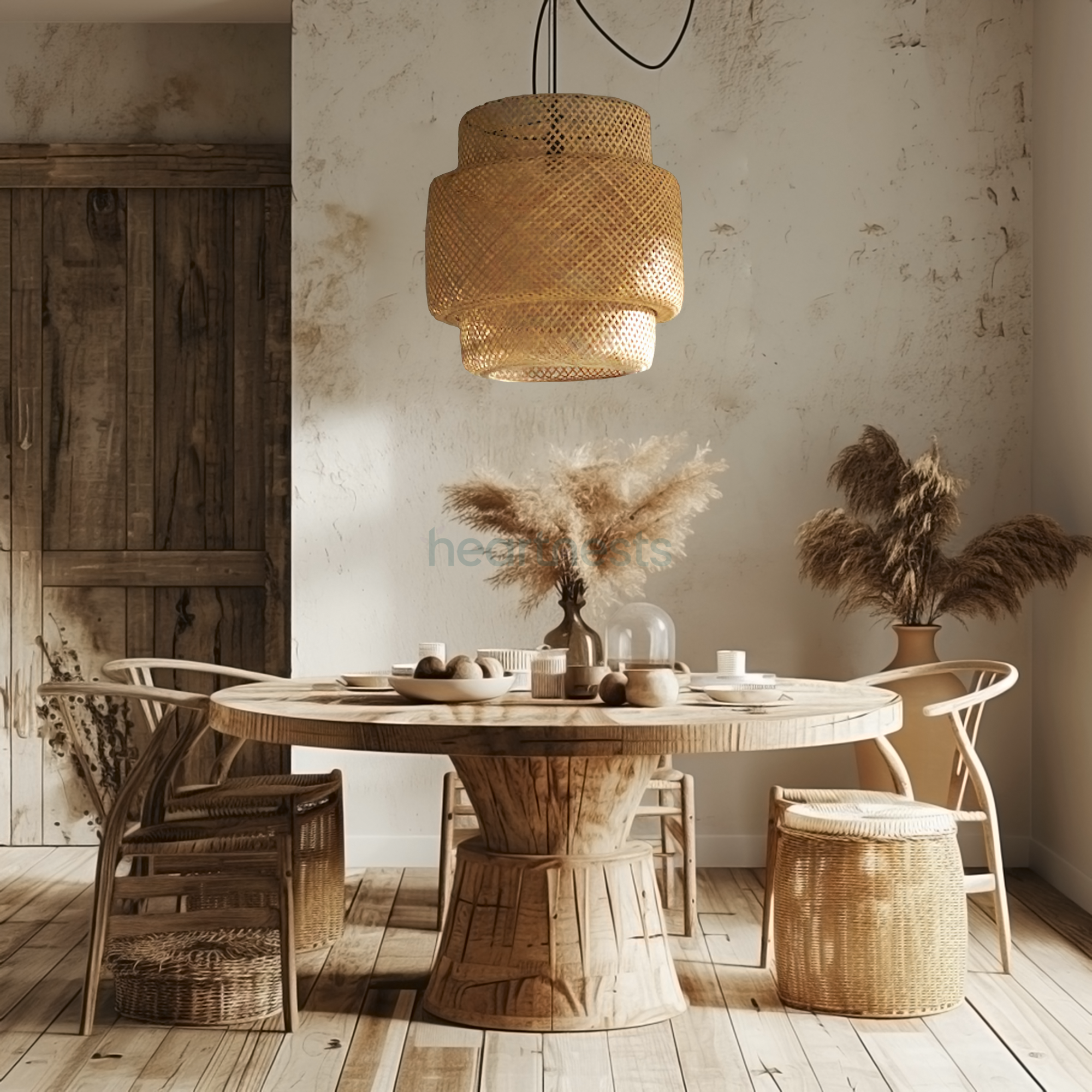 A Heartnests' Illia Bamboo Pendant Light is hung above a rustic style round wooden dining table with 2 wooden dining chairs in a rustic dining room