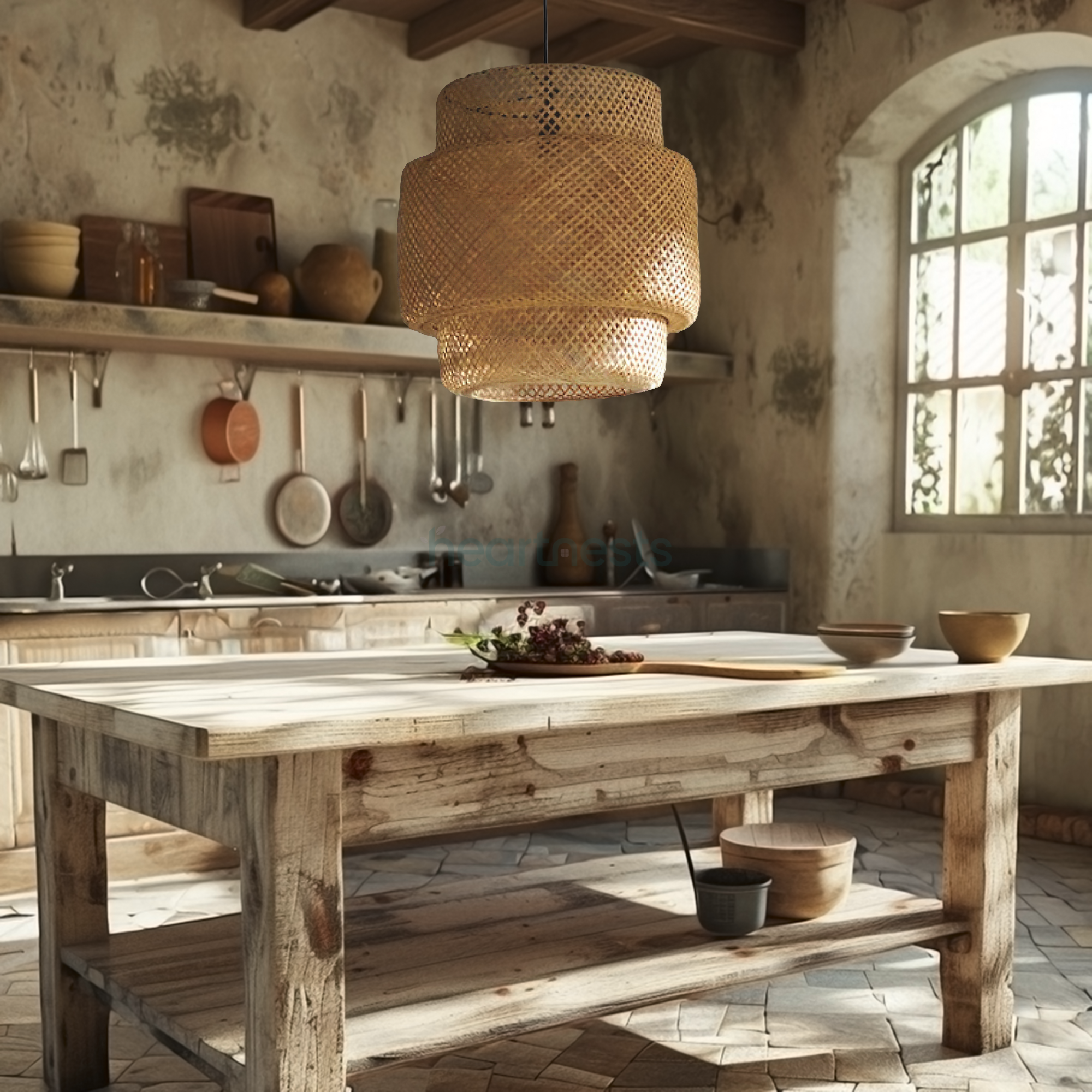 A Heartnests' Illia Bamboo Pendant Light is hung above a farmhouse style wooden kitchen island in a mid-century rustic style kitchen