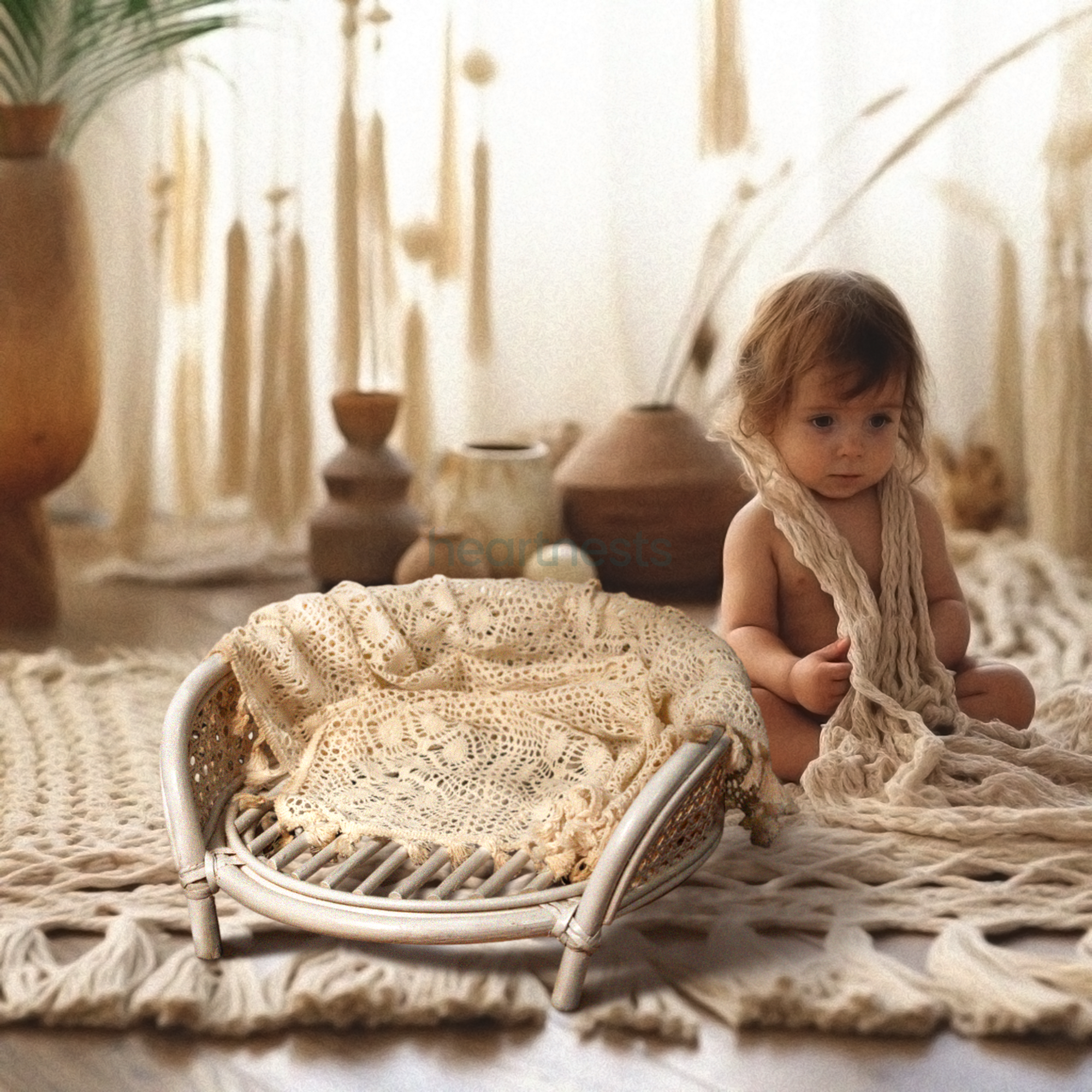A Heartnests' Lilly Rattan Baby Prop in cream colour is placed on a large macrame next to a baby