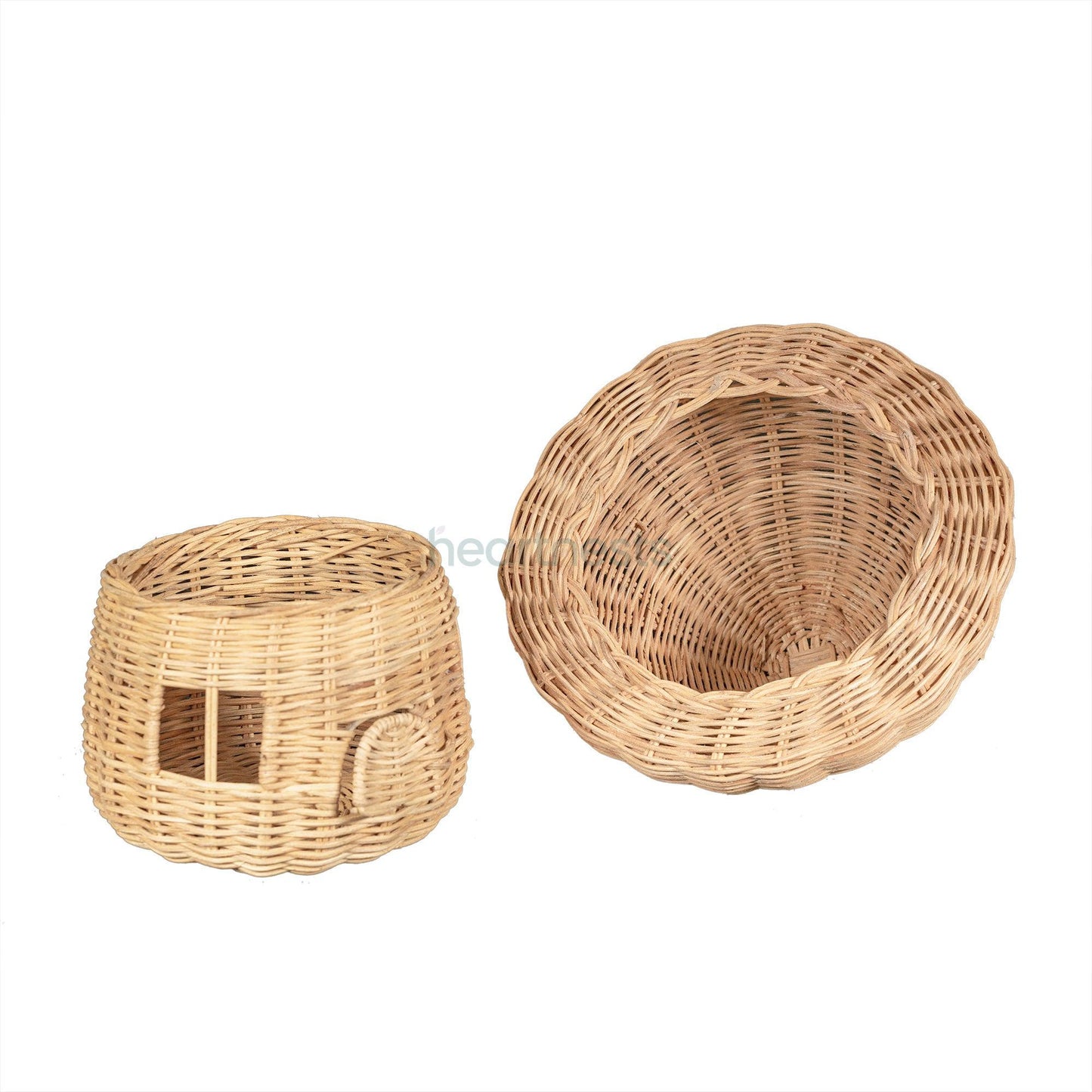 A Heartnests' Malia Rattan Mushroom House is on white background with the mushroom lid taken off revealing storage space inside the mushroom's body part