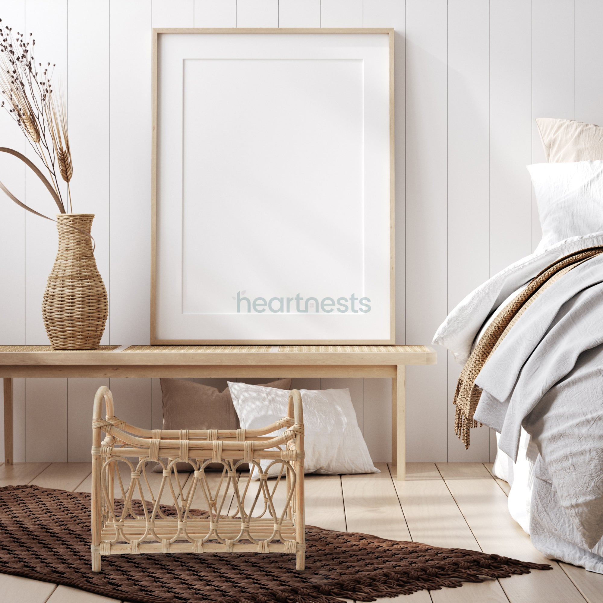 Heartnests' Neslia Newborn Prop is placed on floor, next to a pot plant and in front of a console table